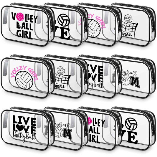 Abbylike 12 Pcs 7 x 4.7 x 2.4'' Cosmetic Bag Gifts Accessories for Makeup Bags Clear PVC Cheer Case Toiletry Zipper Pouch for Women Christmas Xmas (Volleyball Theme)