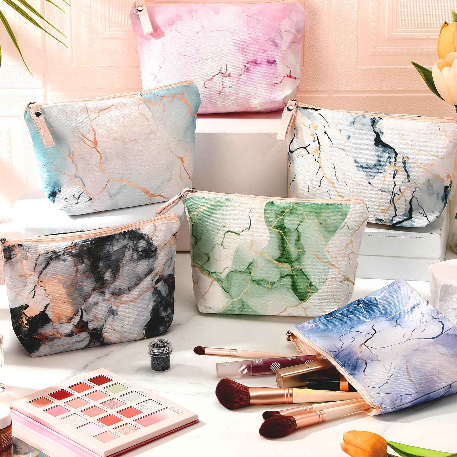 Boao 6 Pieces Canvas Cosmetic Bags Pouches for Purse with Zipper Printed Makeup Bag Multi Function Canvas Travel Pouch Organizer Pouch for Women Vacation Travel, 6 Styles(Marbling Style)