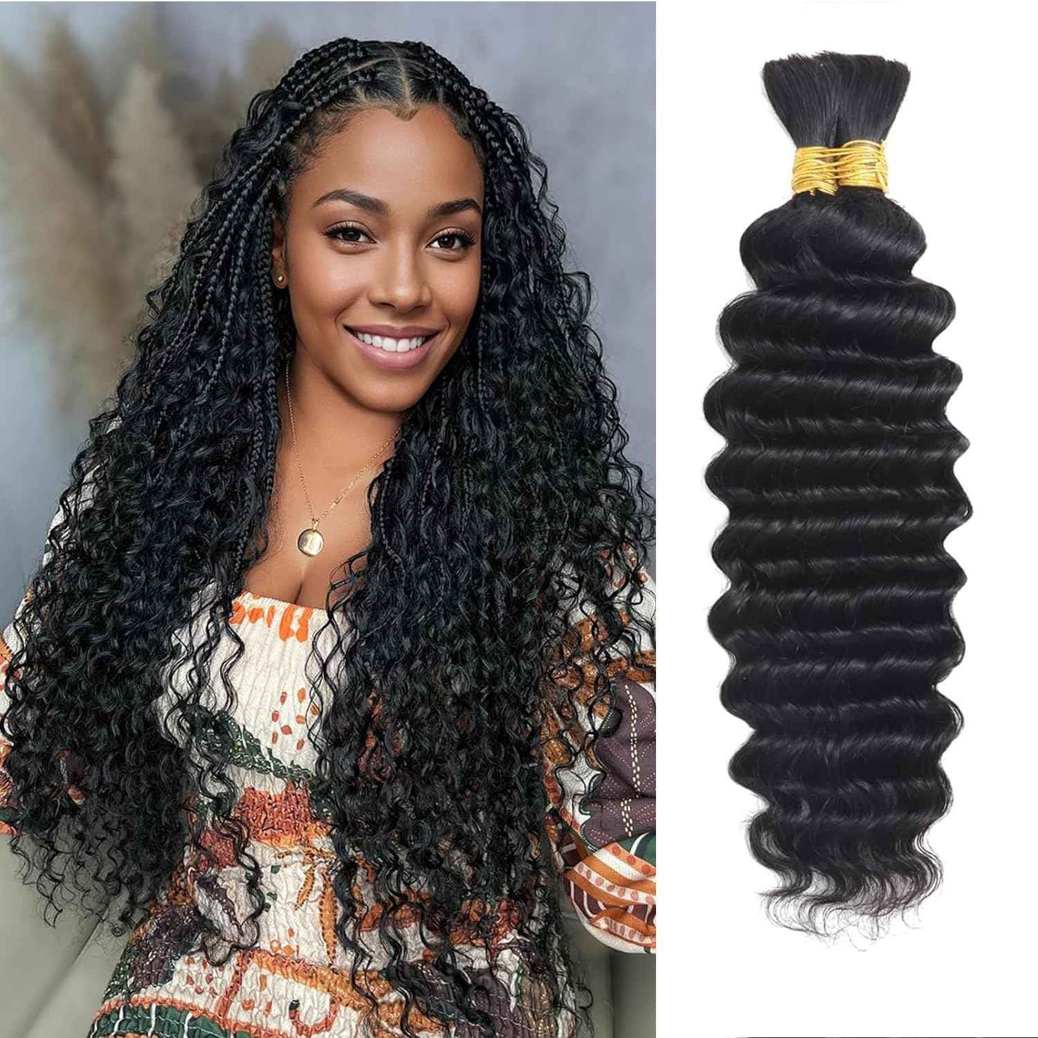 Human Braiding Hair 1B Deep Wave Boho Bulk Human Hair for Braiding Knotless 110g 18 Inch Curly Boho Braids Human Hair 12A Wet and Wavy Bohemian 2 No Weft Bundles/Pack Curly Braids Natural Color