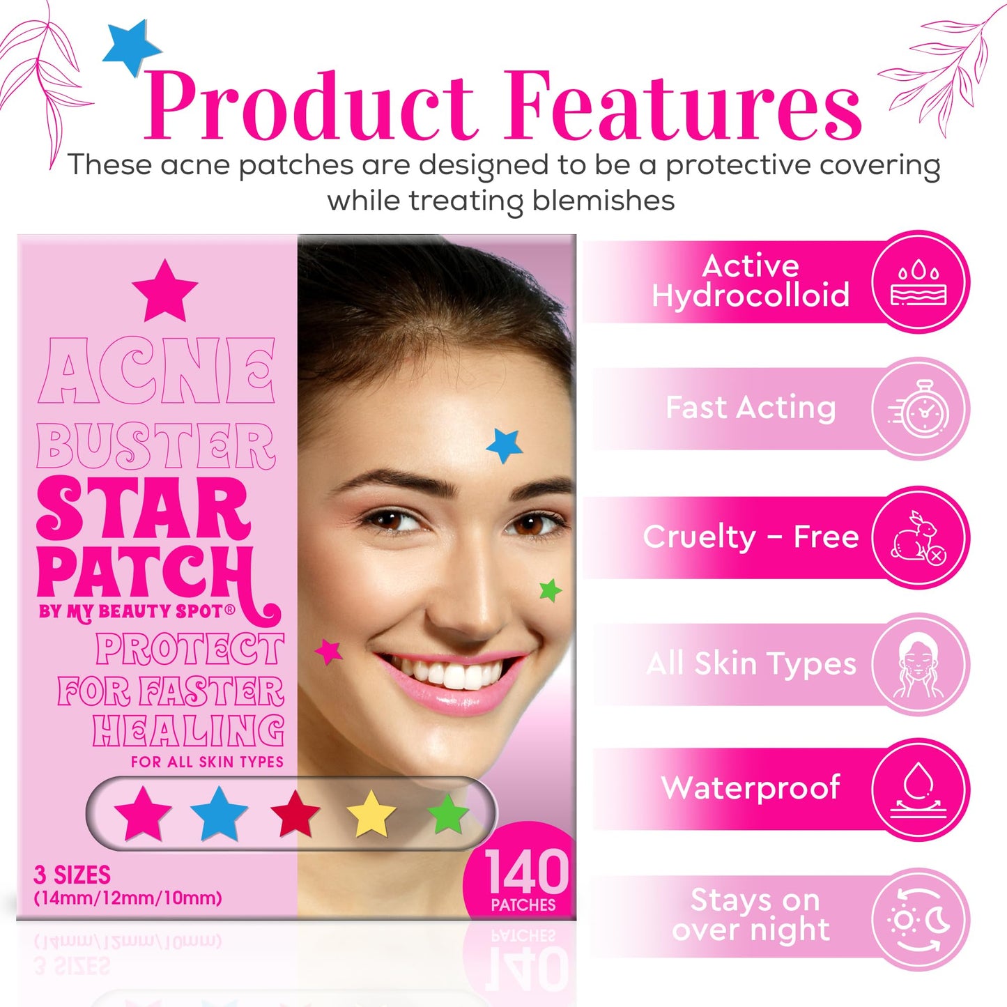 My Beauty Spot Star Pimple Patches Cute Acne Patches for Face (140 Patches) with Hydrocolloid, Tea Tree Extra & Salicylic Acid, Colorful Fun Designs – Pimple Patches for Face Acne Spot Treatment