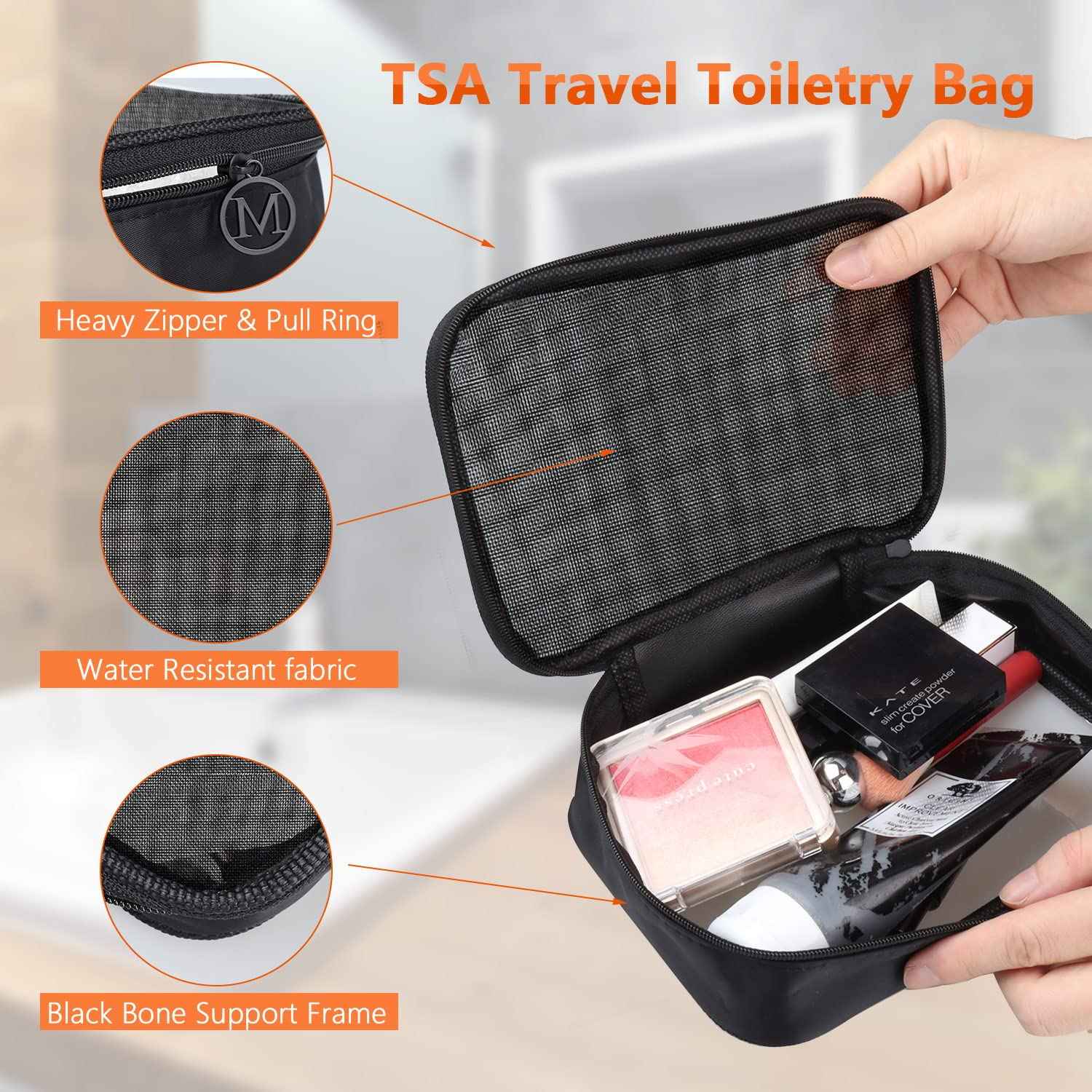 DARIN TSA Approved Clear Toiletry Bag Tansparent Travel Makeup Bag Zipper Cosmetic Pouch, Airline 3-1-1 Rule Carry-On Flight Liquid Bag For Women and Men- (2 Size 1L+1M,Clear Black) (Mesh Black)
