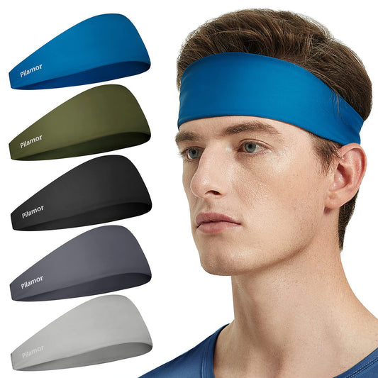 Pilamor Mens SweatBands(5pack), Headbands for Men and Women, Mens Headband for Running, Football, Yoga, Basketball,Thin and Absorbent Headbands (Black,Blue,Green,Gray,Darkgray)