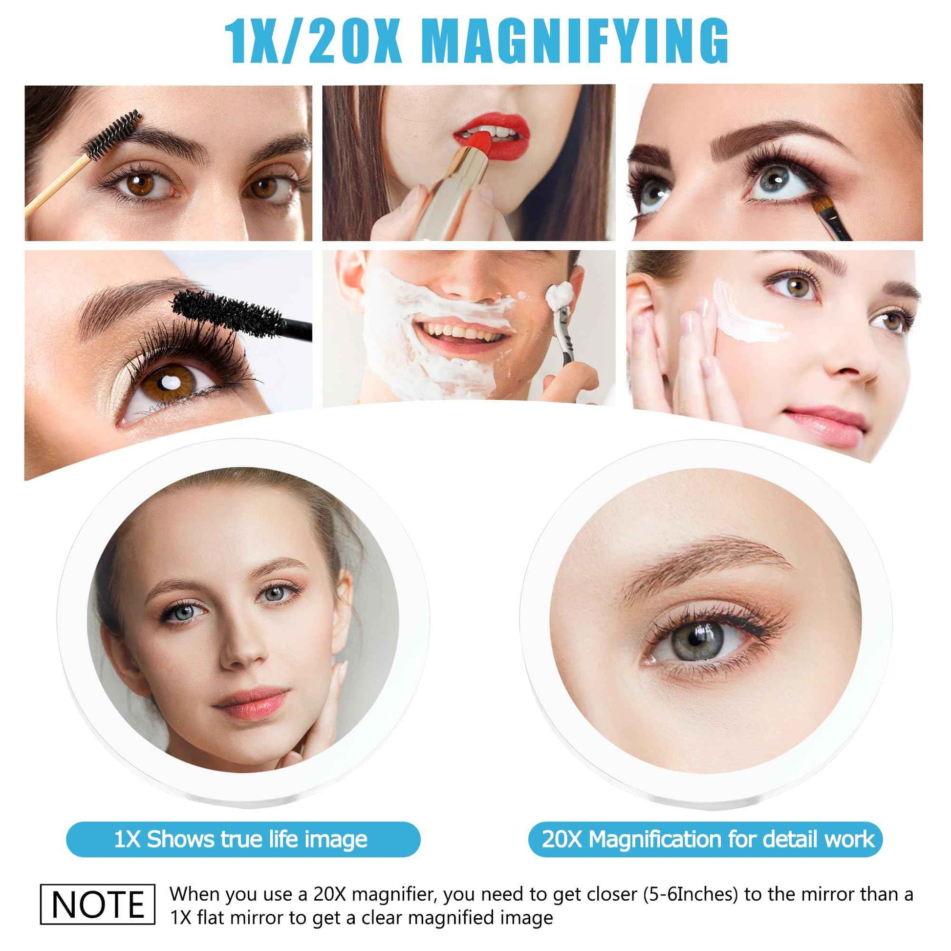 MIYADIVA 20X Magnifying Mirror with Light, Travel Magnifying Mirror, 1X/20X Vanity Mirror with Light, Adjustable Handle Travel Makeup Mirror, Touch Switch Light up Mirror for Plucking Eyebrows