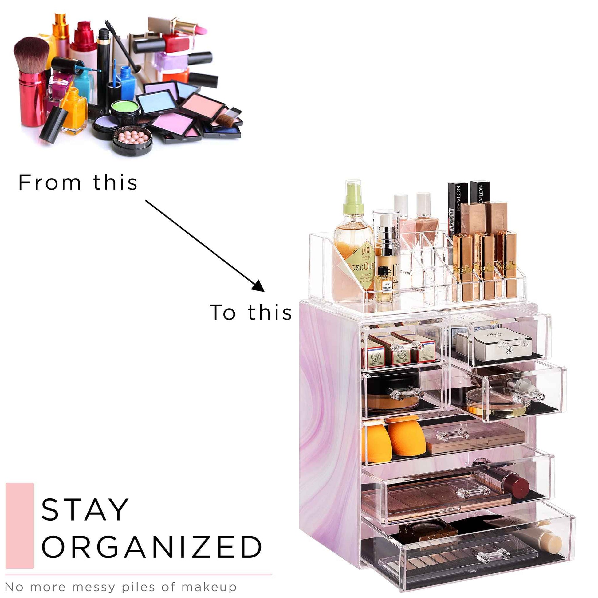 Sorbus Clear Cosmetic Makeup Organizer - Make Up & Jewelry Storage, Case & Display - Spacious Design - Great for Dresser, Bathroom, Vanity & Countertop (3 Large, 4 Small Drawers) [Tie Dye Print]