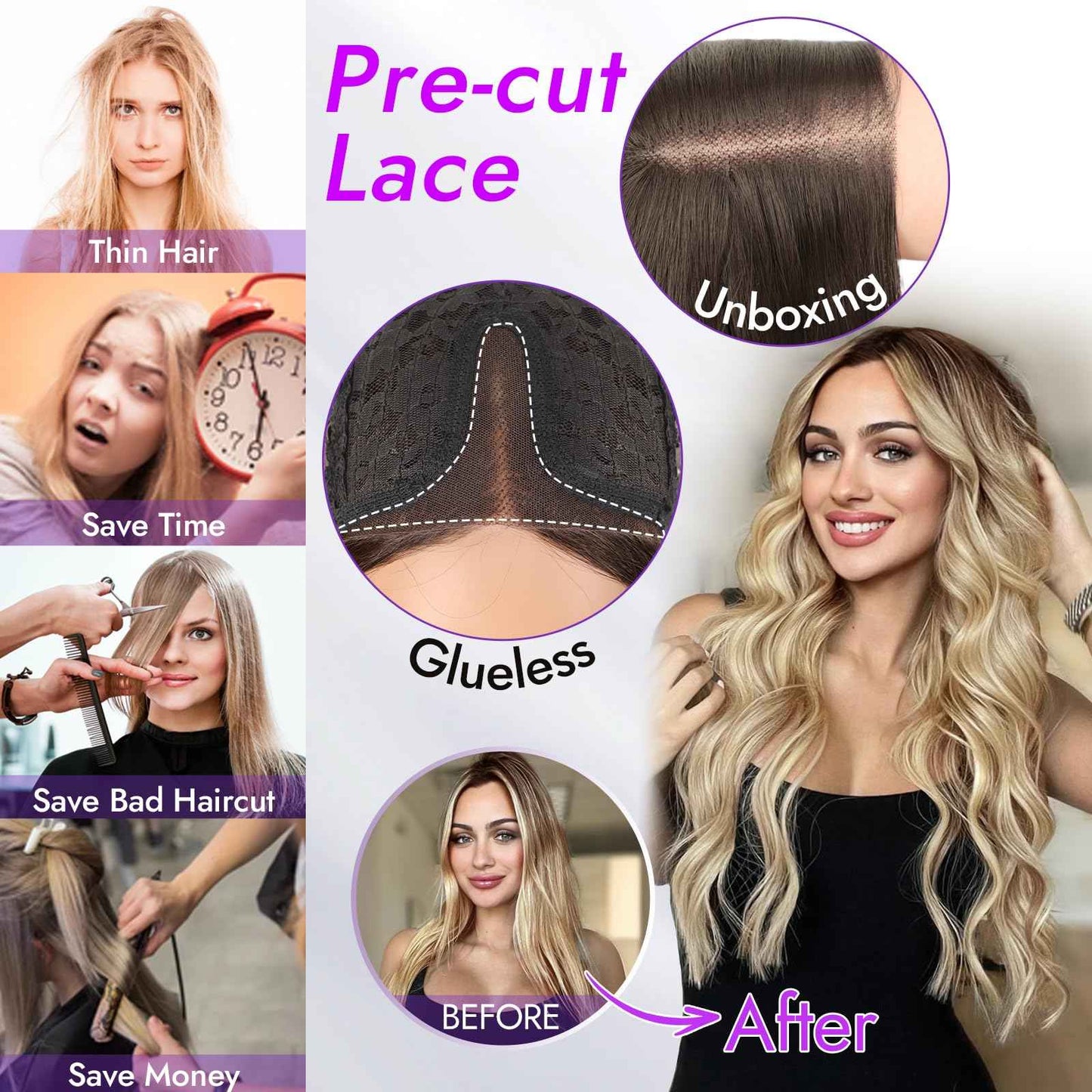 Eawwii Ombre Blonde Long Wavy Wig for Women, Pre-Cut HD Lace Natural Hairline, Glueless Middle Part, Synthetic Fiber for Daily and Party Use 26Inch