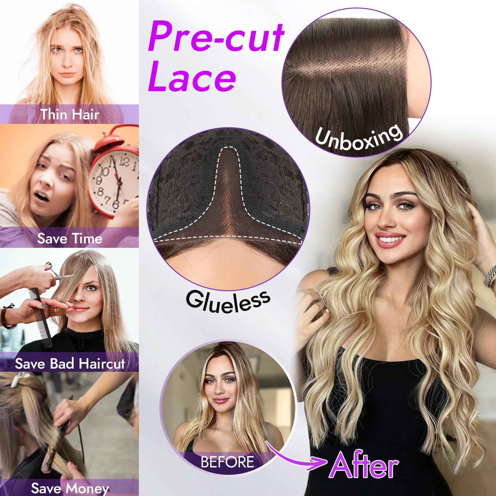 Eawwii Ombre Blonde Long Wavy Wig for Women, Pre-Cut HD Lace Natural Hairline, Glueless Middle Part, Synthetic Fiber for Daily and Party Use 26Inch