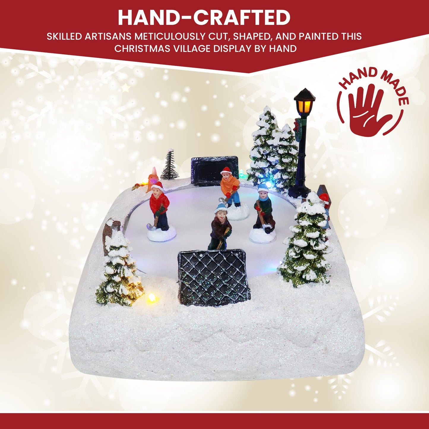 Christmas Village Tabletop Hockey Skating Rink - Animated Musical Pre-lit Winter Snow Village - Perfect Addition to Your Christmas Indoor Home Decorations - Great Centerpiece for Your Collection