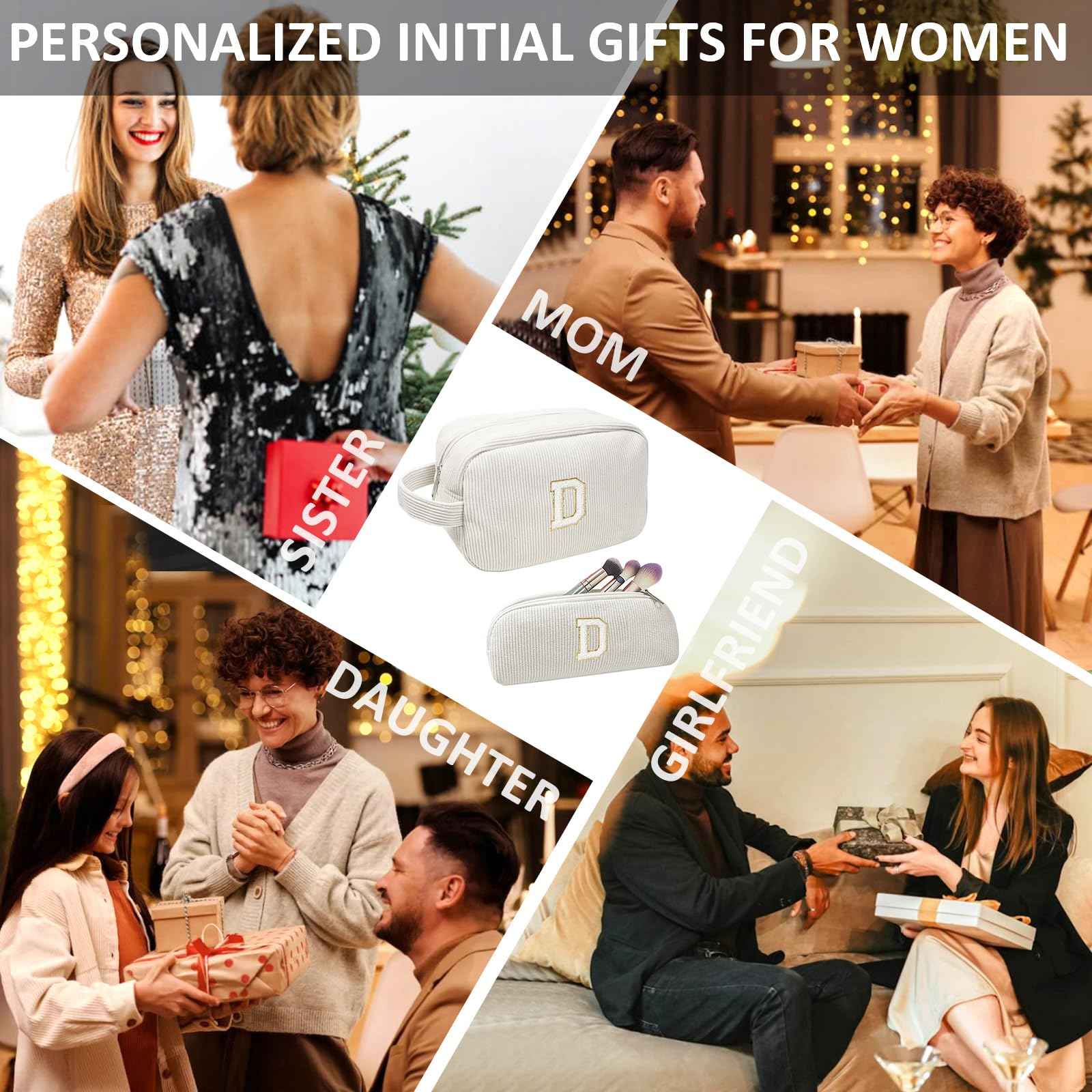 FFpaw 2PCS Initial Makeup Bag, Preppy Patch Cosmetic Bag for Purse Personalized Makeup Bag Organizer Travel Toiletry Bag Makeup Brushes Aesthetic Accessories Storage Bag for Women (White, D)