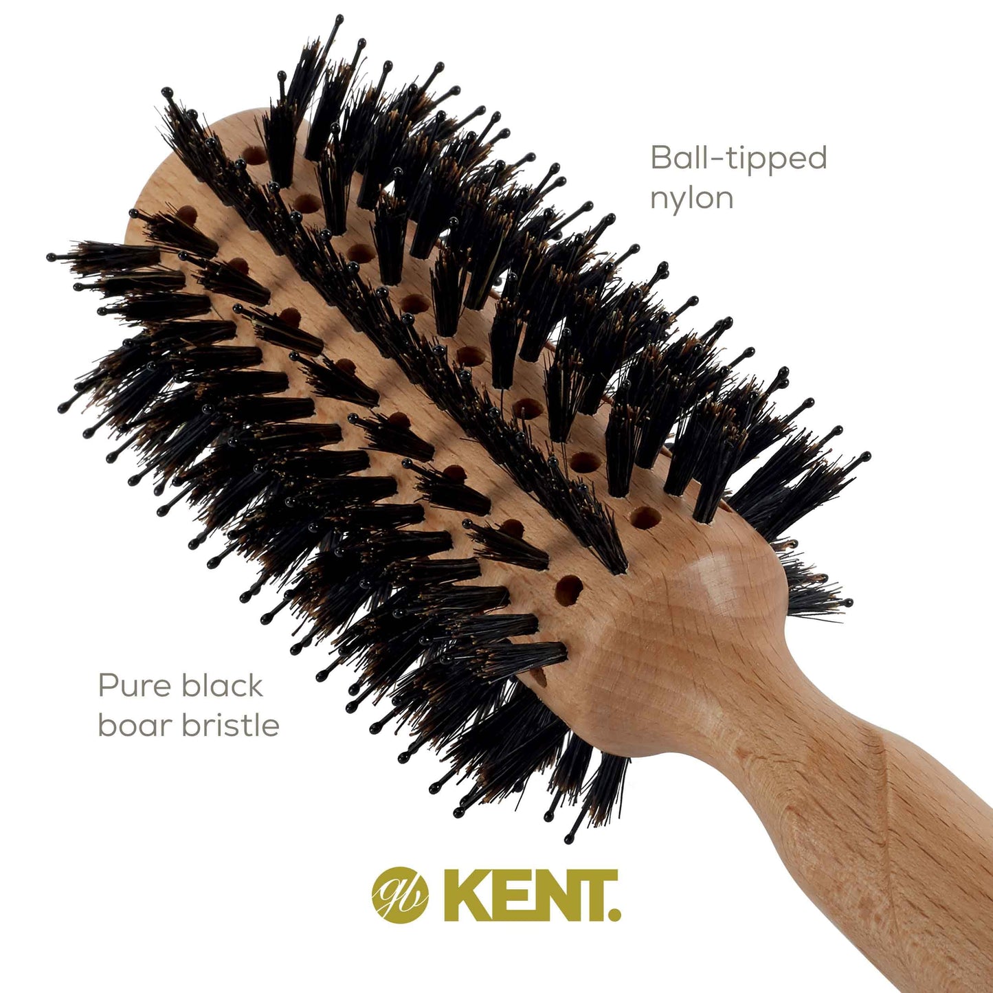 Kent LPF5 Pure Flow Large Vented Round Brush for Blow Drying - FSC Certified Beech Wood Brush Filled with Natural Boar Bristle and Nylon Bristle Hair Brush - Round Hair Brush for Blow Drying and Lift