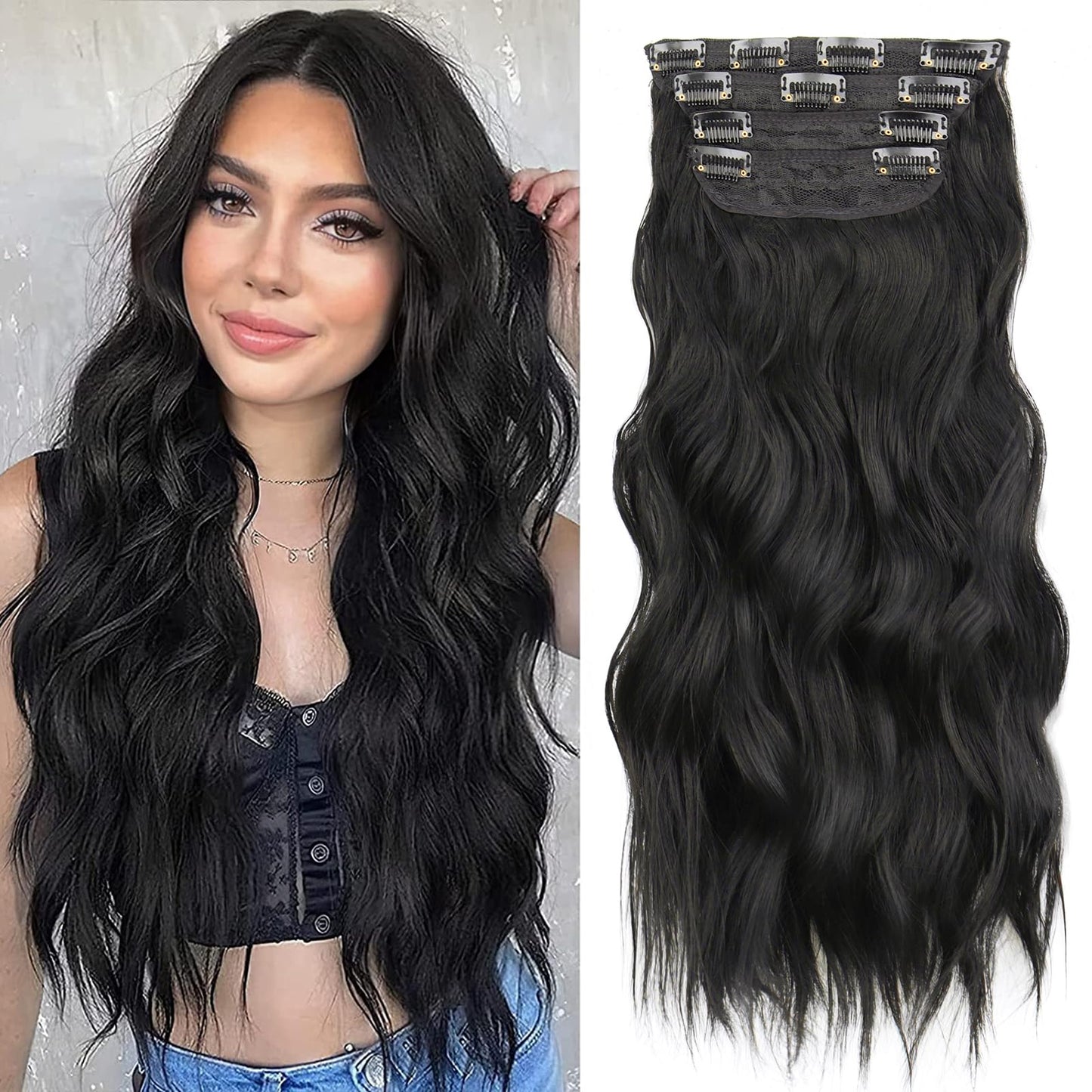 MISSQUEEN 20inch Hair Extension,4PCS Natural Black Hair Extension,Thick Hairpieces Double Weft Long Wavy Hairpieces(Black)