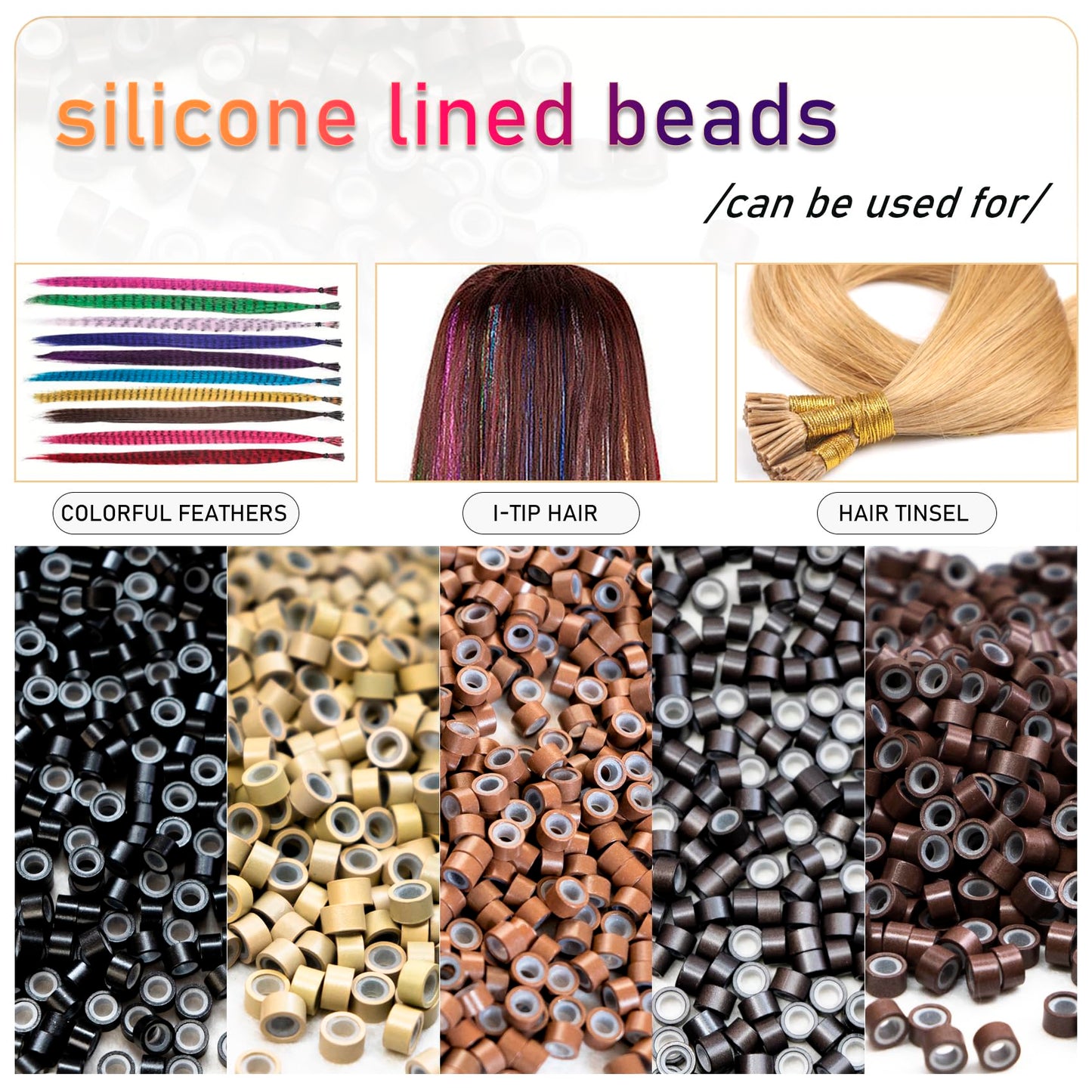 Hair Extensions Beads Micro Links Beads 5mm Silicone Lined Beads for Hair Extensions 1000pcs (Black)