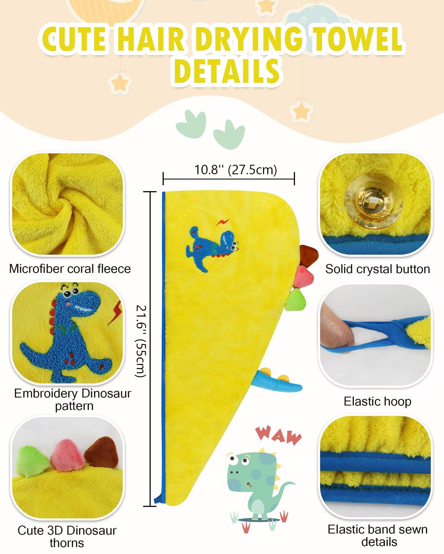 YI HENG MEI Microfiber Hair Towel Wrap for Kids Boys Girls Super Absorbent Hair Drying Towel Cute 3D Embroidery Dinosaur Coral Fleece Towel Turban for Wet Long Curly Thick Hair