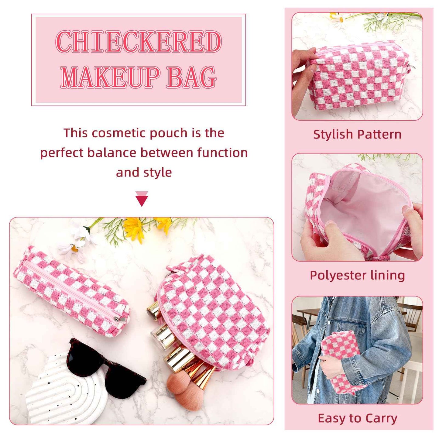 ZLFSRQ 2Pcs Checkered Pencil Case Cute Pencil Pouch for Teens Pink Checkered Makeup Bag Travel Cosmetic Bag Set Cute Preppy Makeup Pouch for Purse Portable Zippered Skincare Toiletry Bags Organizer