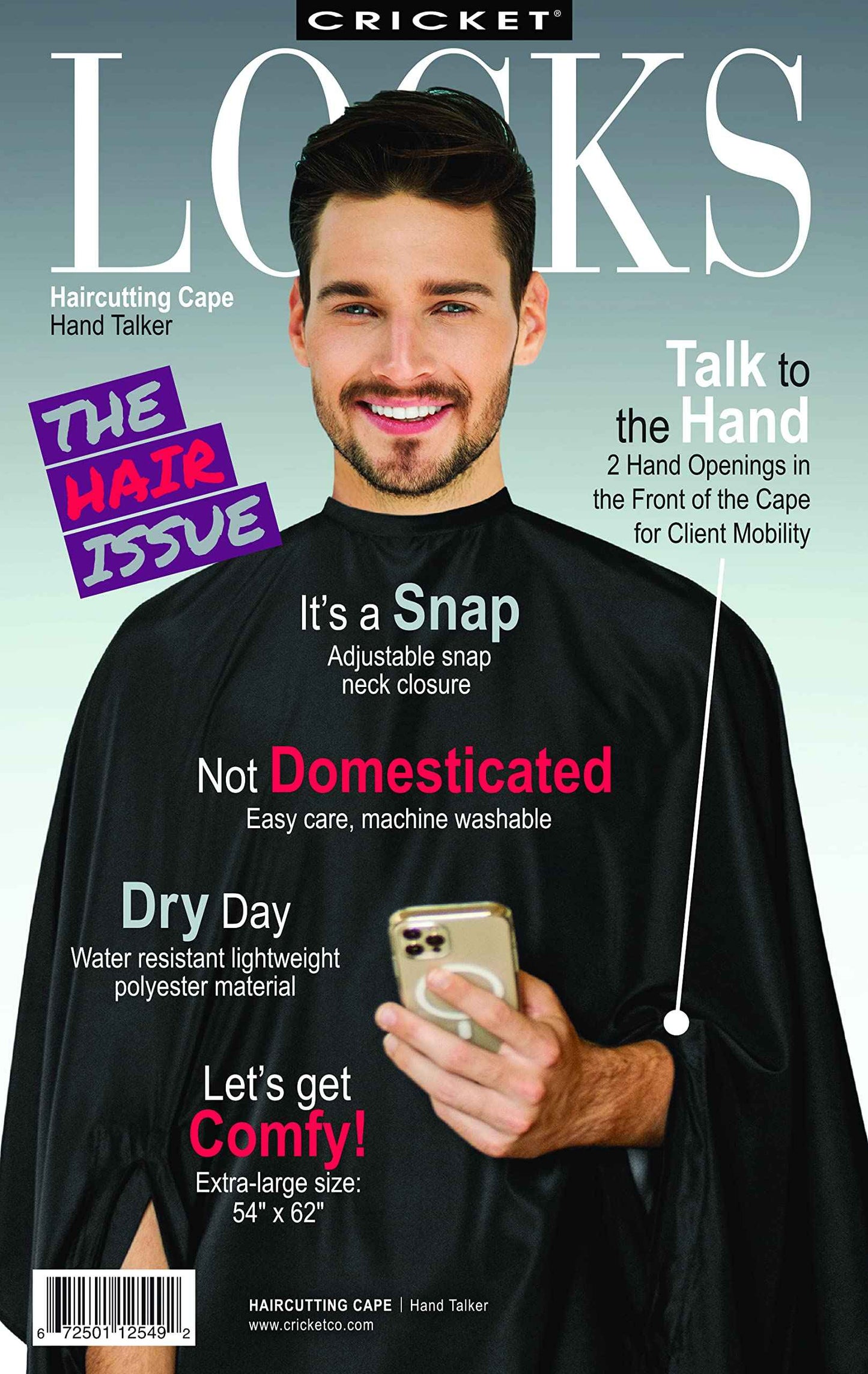 Cricket Hand Talker Salon Barber Cape – Haircutting Cape with Hand Openings for Client Mobility, Water-Resistant – Capes for Hair Stylists & Professionals – 54" x 62", Black