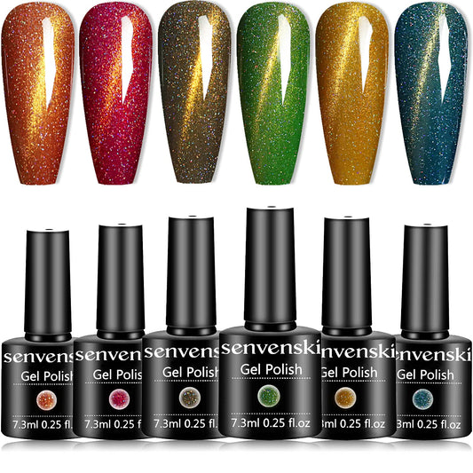 senvenski Cat Eye Gel Nail Polish Magnetic Chameleon Color Crystal Glitter Shimmer Orange Red Brown Green Gold Blue UV LED Art Varnish Manicure Gift Set Kit (MY6-004)