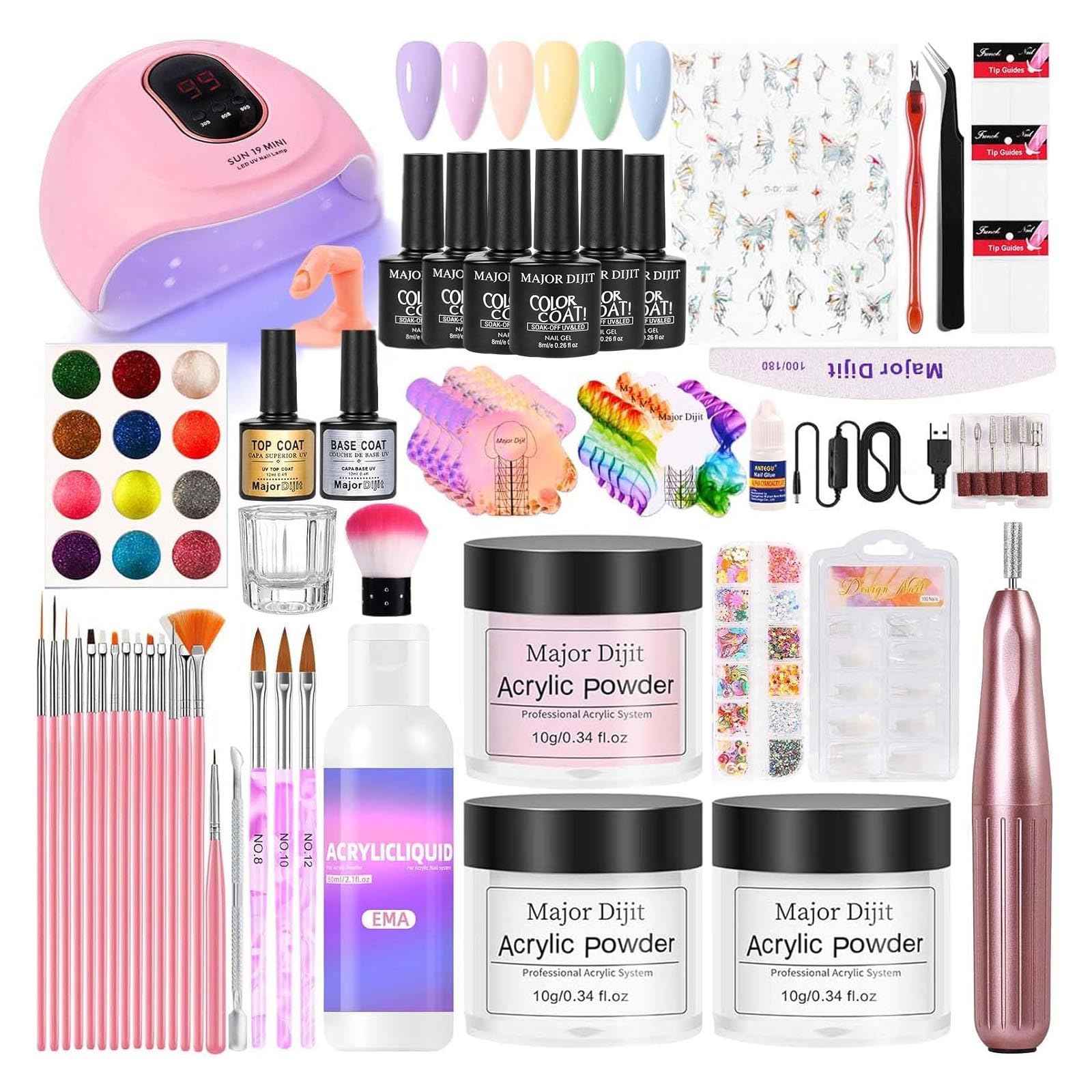 Nail Kit Acrylic Set -Acrylic Nail Kit for Beginners with Everything Gel Polish U V Light Acrylic Powders Decorations for Home Salon