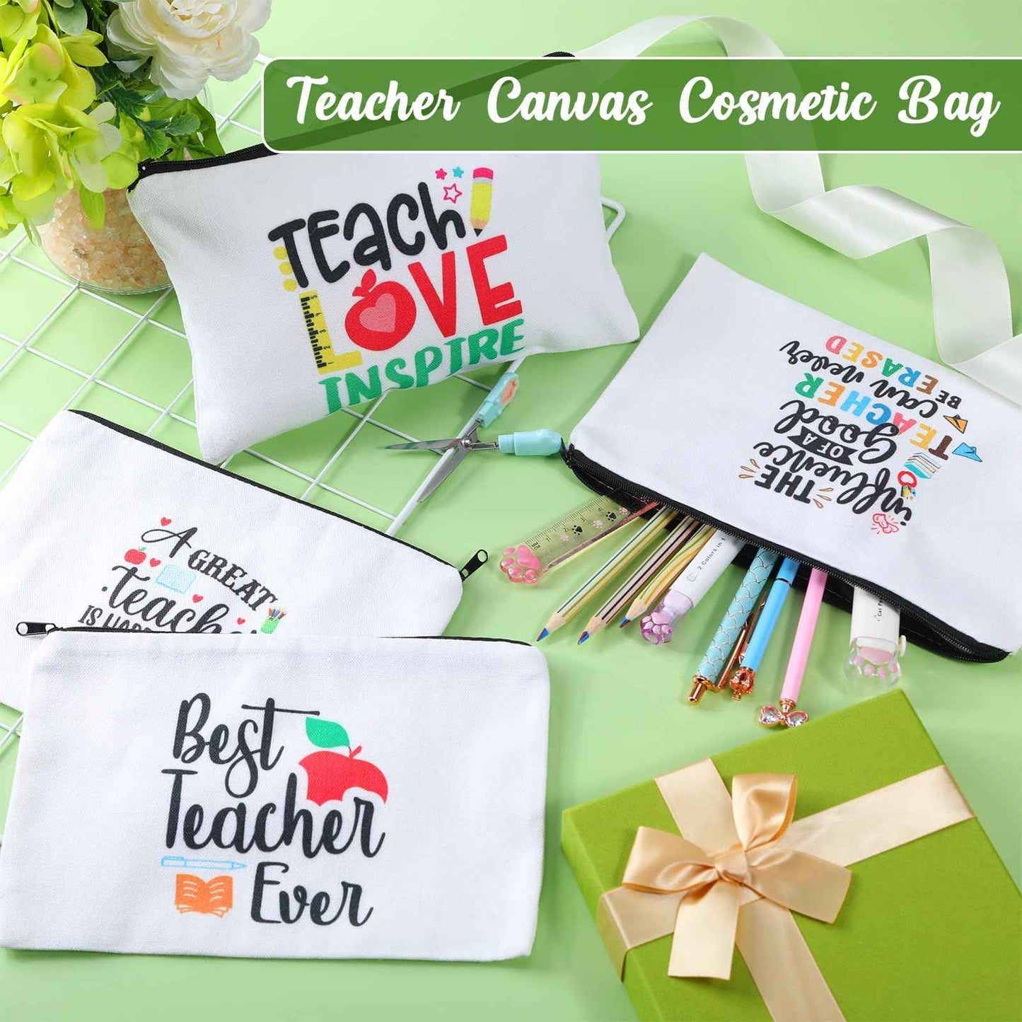 Kajaia 12 Pcs Teacher Gifts Makeup Bags Teacher Appreciation Travel Toiletry Canvas Cosmetic Pencil Survival Kit Bag for Women Zipper Pouch Bag Thank You Gifts Bulk (Warm Words)