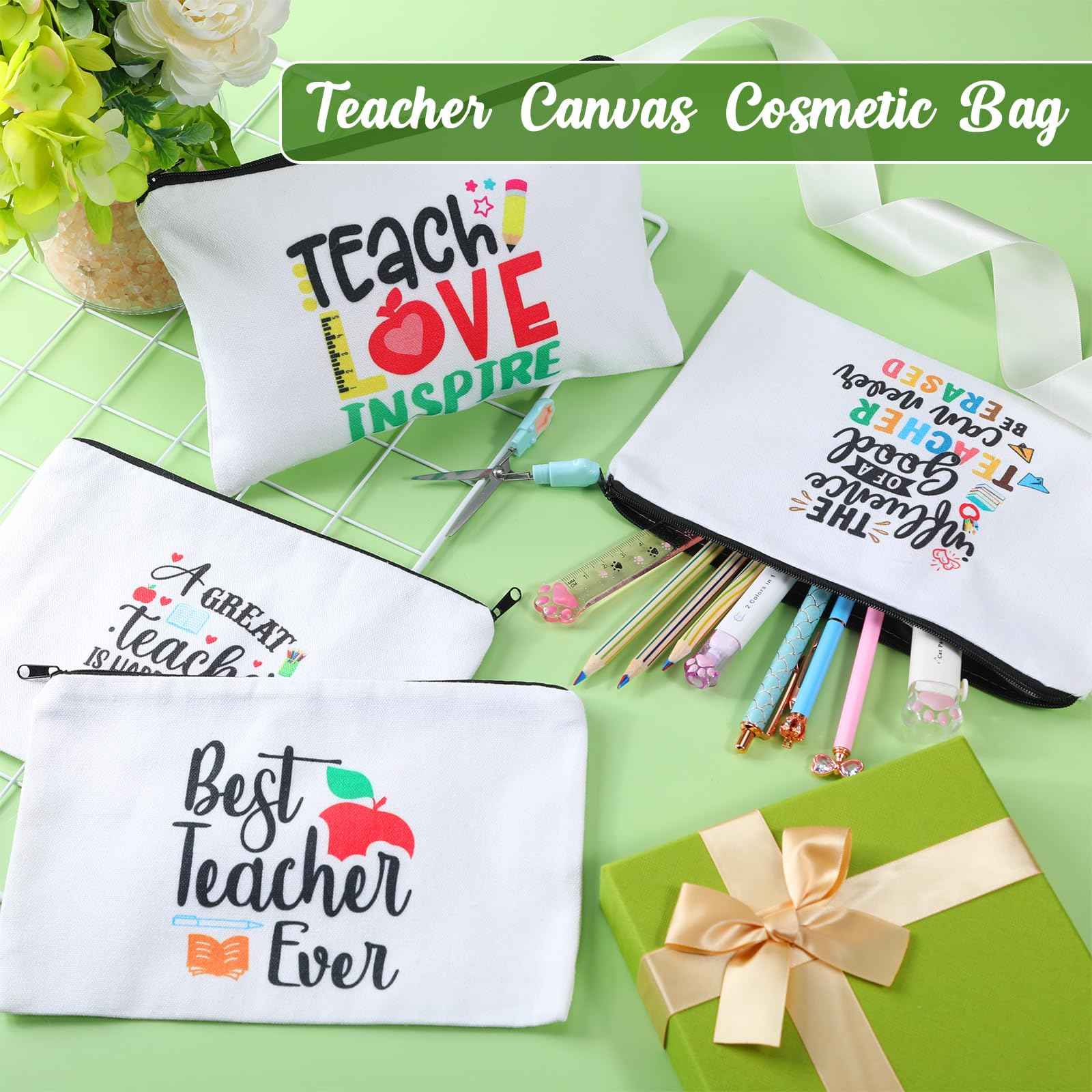 Kajaia 12 Pcs Teacher Gifts Makeup Bags Teacher Appreciation Travel Toiletry Canvas Cosmetic Pencil Survival Kit Bag for Women Zipper Pouch Bag Thank You Gifts Bulk (Warm Words)