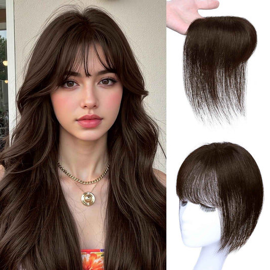 Hair Toppers for Women Real Human Hair 3D Bangs Clip 100% Human Toppers for Women 10 Inch Clip in Bangs Hairpieces (Dark Brown)
