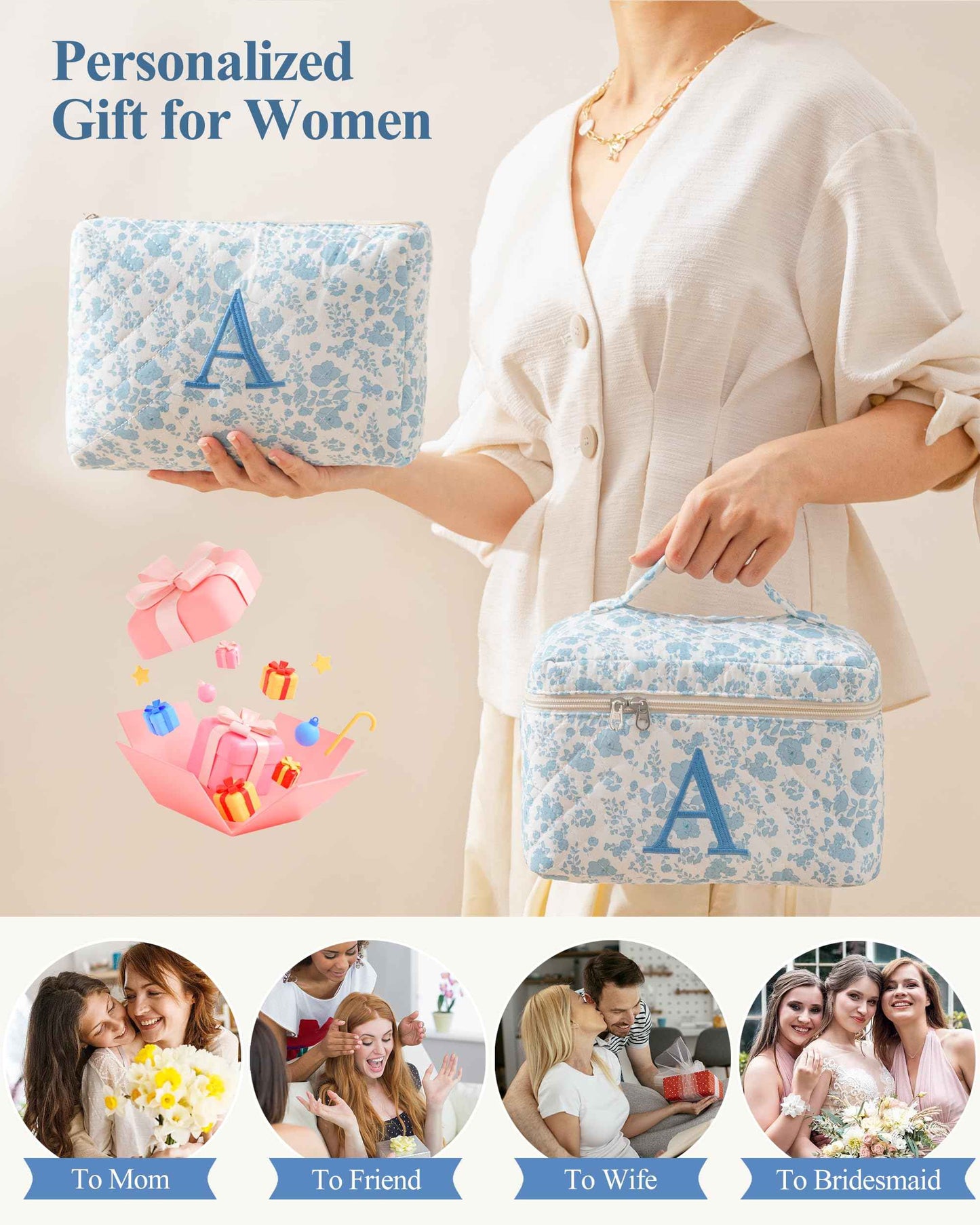 HBselect 2Pcs Initial Quilted Cotton Large Travel Cute Floral Coquette Makeup Cosmetic Toiletry Bag for Women Girls