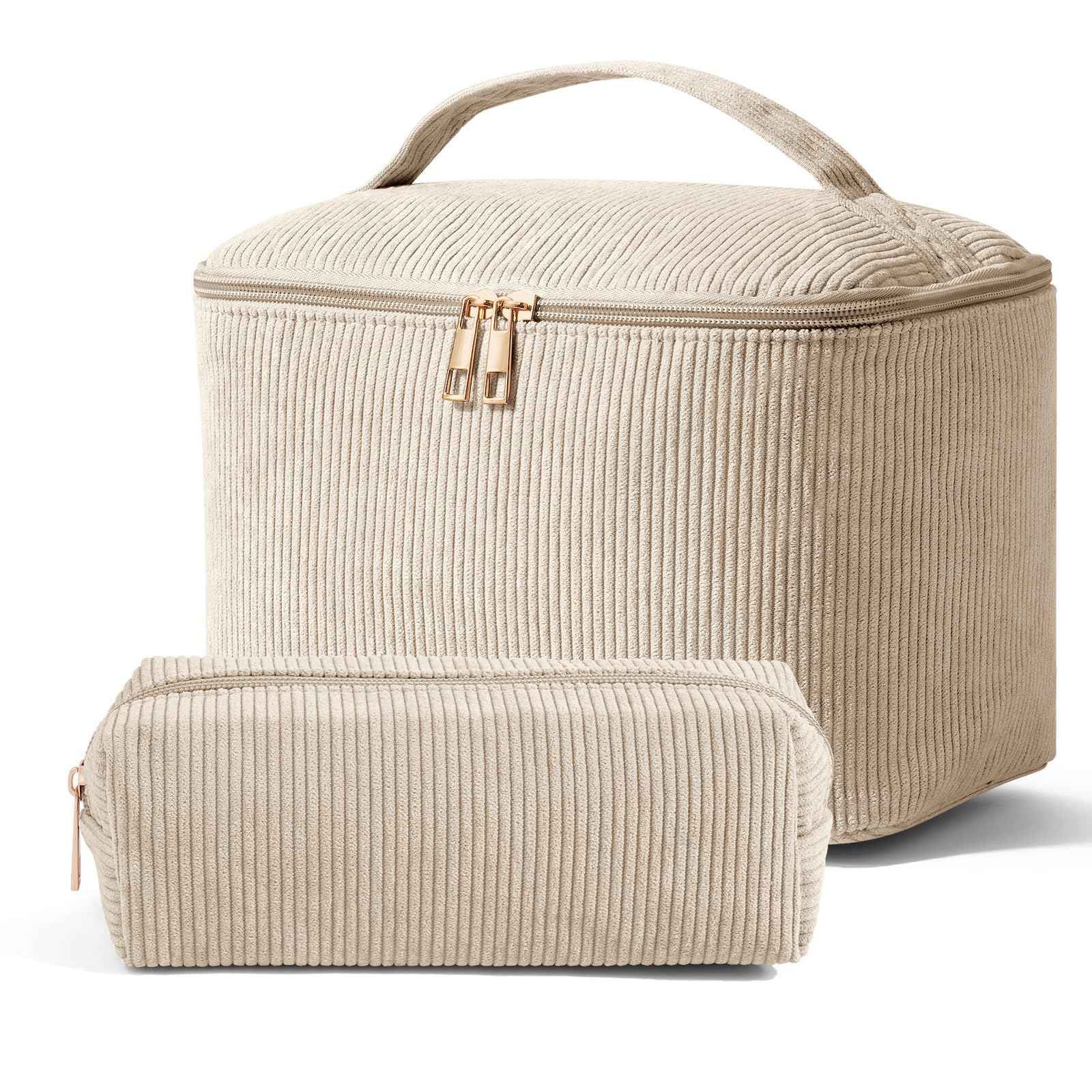 MAGEFY 2Pcs Makeup Bag,Cosmetic Bag Large Capacity with Handle Small Makeup Bag for Purse, Travel Makeup Pouch for Women,Beige