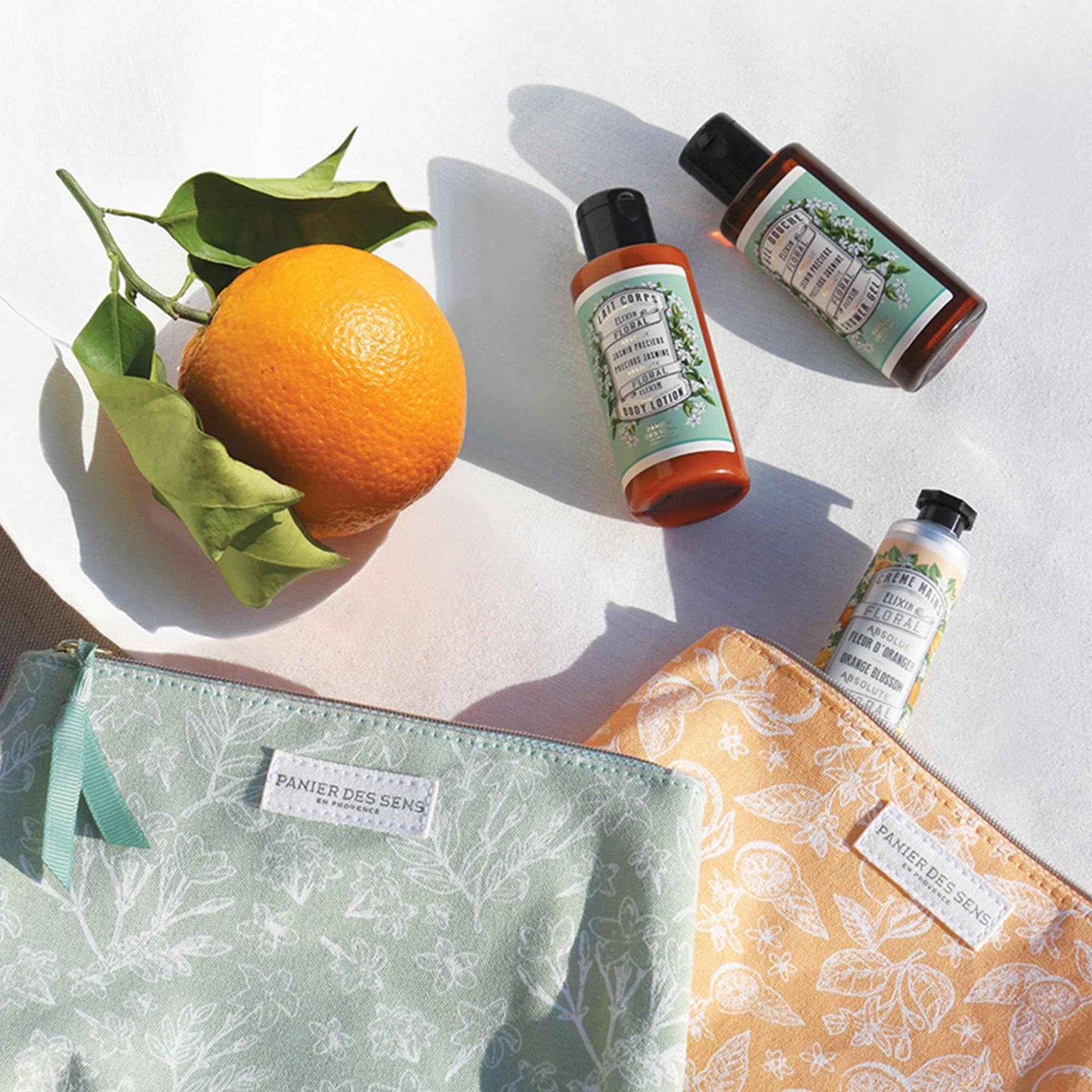 Panier des Sens - Travel Pouch Orange Blossom Gift Set - Shower Gel 3.3 fl oz + Body Lotion 3.3 fl oz + Hand Cream 1 fl oz - 97% Natural Ingredients - Made in France, Vegan Friendly Body Care