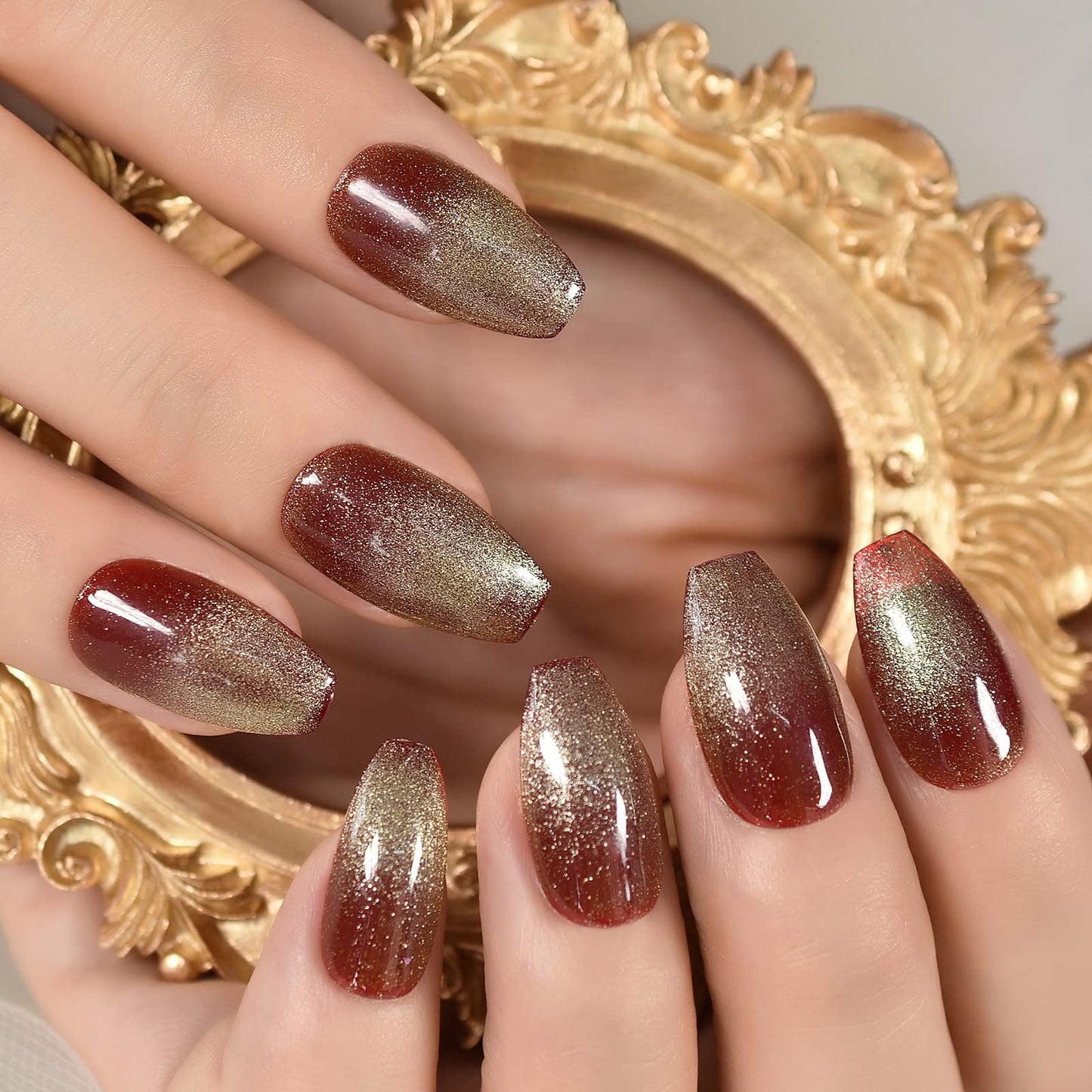 Wine Red with Gold Giltter Press On Nails Medium Length Coffin False Nails Women Girls Ballerina French Nail Art Tips Full Cover Reusable Fingernails Datechable Acrylic Manicure For Daily Dating Office Home Party (24pcs)