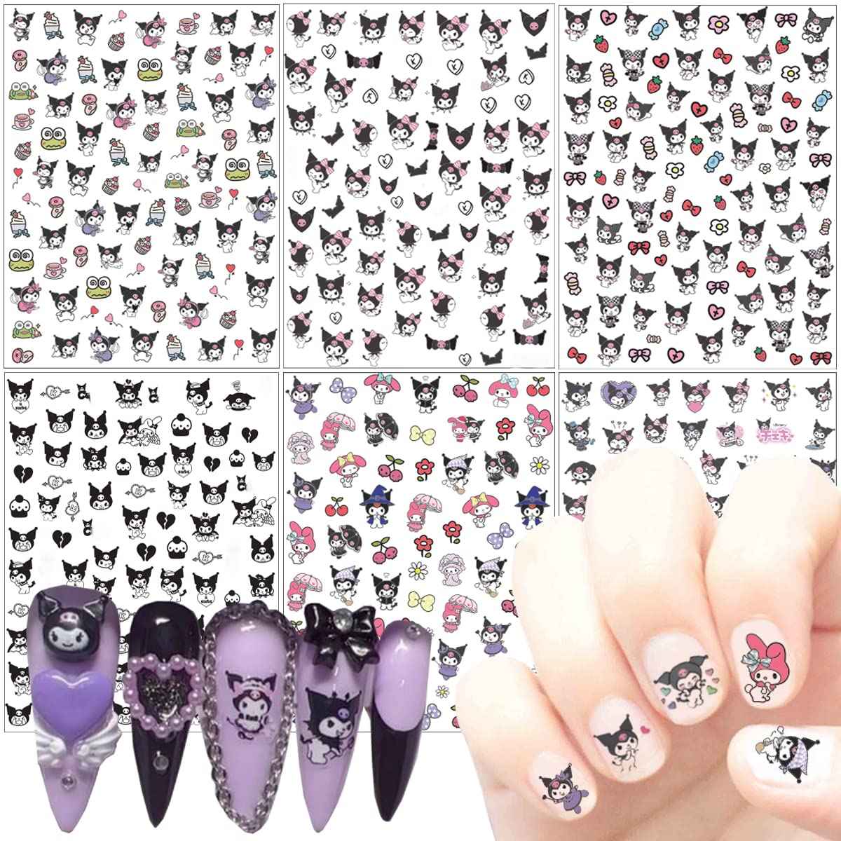 Cute Cartoon Nail Art Stickers Decals Cartoon 3D Self-Adhesive Nail Art Supplies Designer Nails Decals for Women Kids Girls Manicure Acrylic Nails Decoration Accessories 6 Sheets