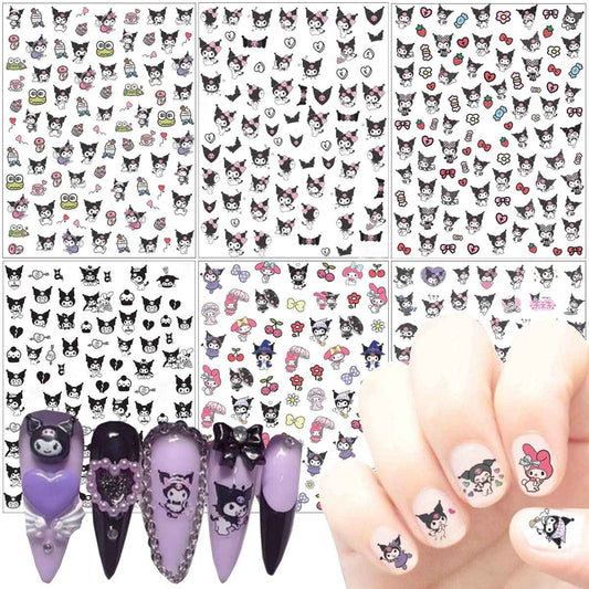 Cute Cartoon Nail Art Stickers Decals Cartoon 3D Self-Adhesive Nail Art Supplies Designer Nails Decals for Women Kids Girls Manicure Acrylic Nails Decoration Accessories 6 Sheets