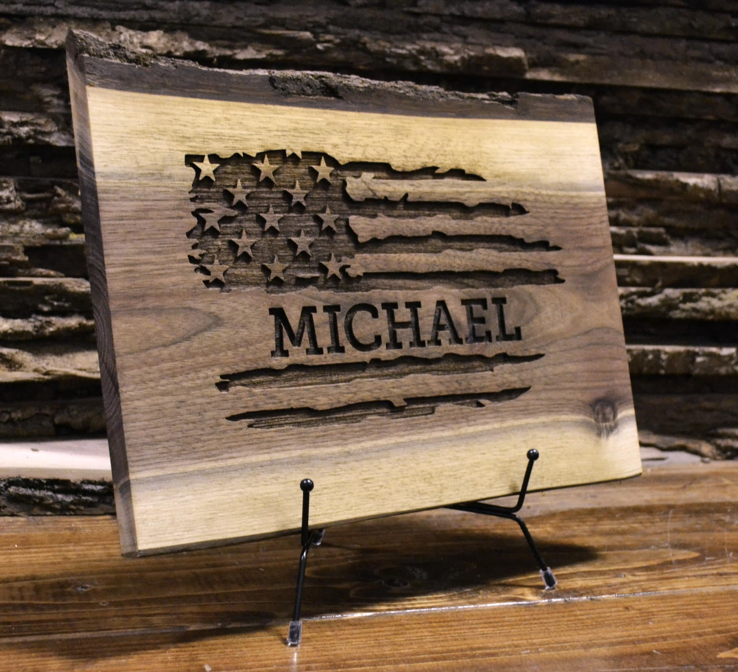 Personalized Cutting Board Wedding Gift Walnut Live Edge Artisan Rustic Display Unique Custom Engraved Anniversary Bride Groom Newlywed Couple Parents Housewarming Christmas (American Flag Name Text)