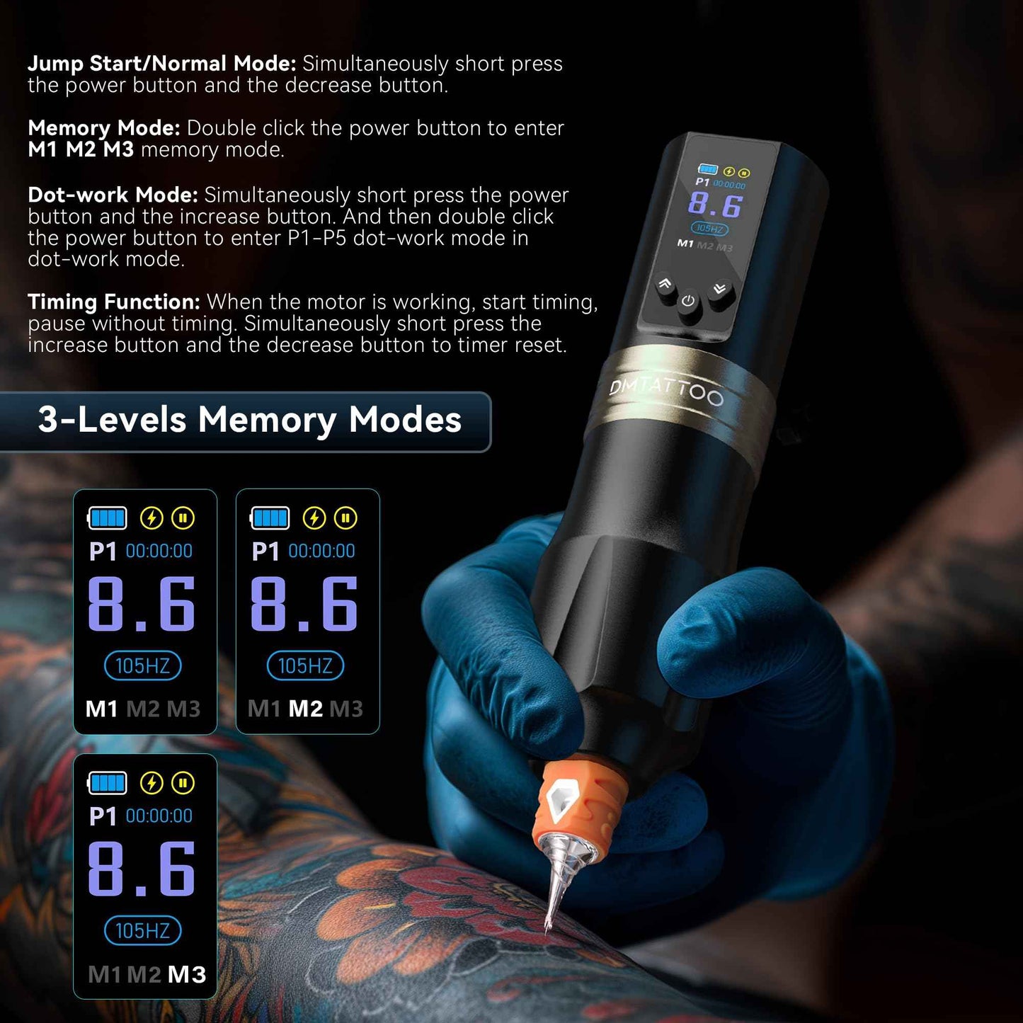 Tattoo Gun Wireless Tattoo Machine 1800mAh Batteries Complete with Tattoo Ink for Tattoo Artist Beginners