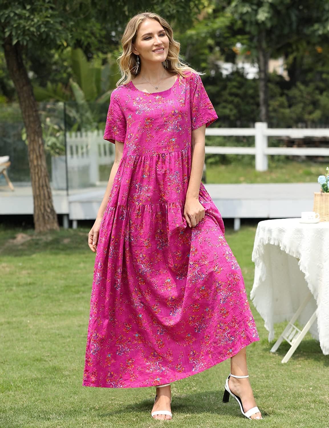 YESNO Women Casual Loose Bohemian Floral Dress with Pockets Short Sleeve Long Maxi Summer Beach Swing Dress XS EJF CR26 Pink