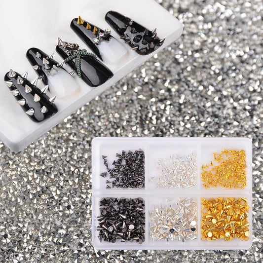 600pcs Cone Metallic Nail Studs Nail Art Punk Cone Rivets Black Gold Sliver Cone Spike Studs Tiny Stick Spike Studs Nail Art Decoration for Nails Craft