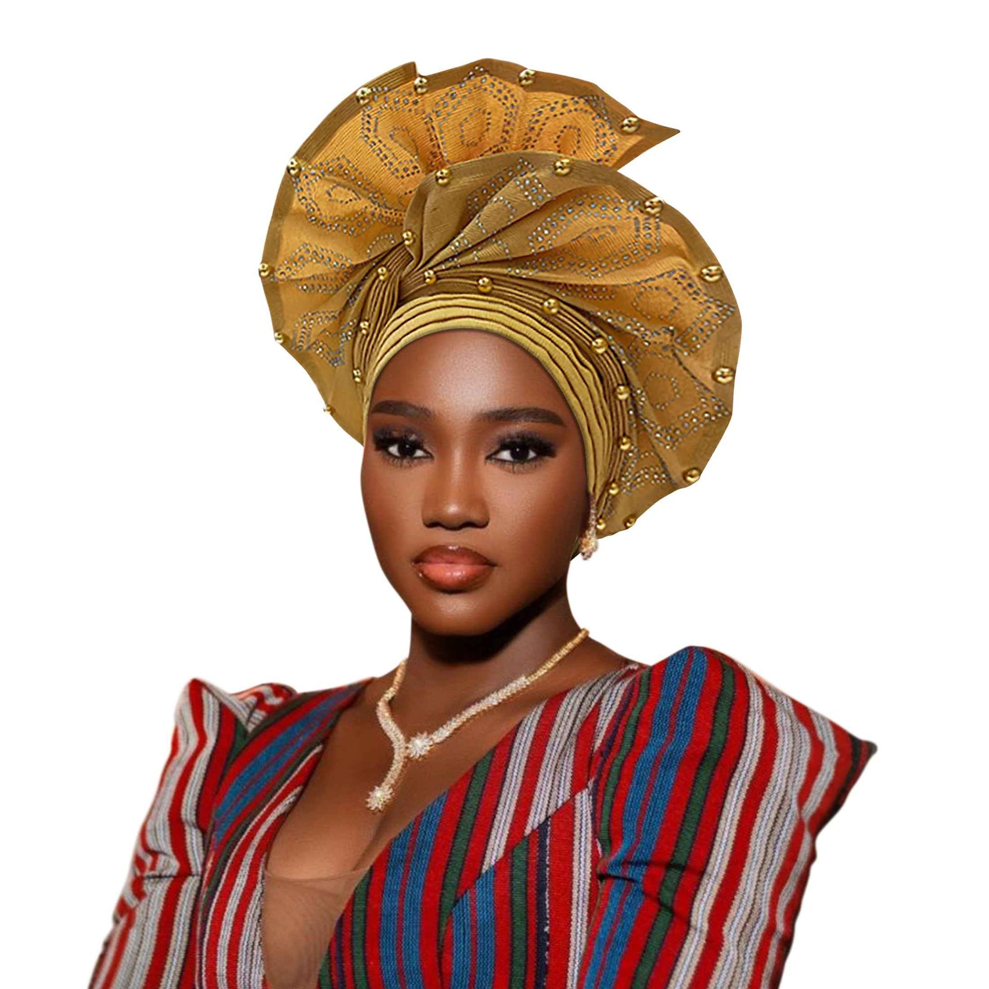 Nigerian headwear for Women African headscar,Auto Gele headband,hand wrap beaded - made for weddings parties events (Gold)