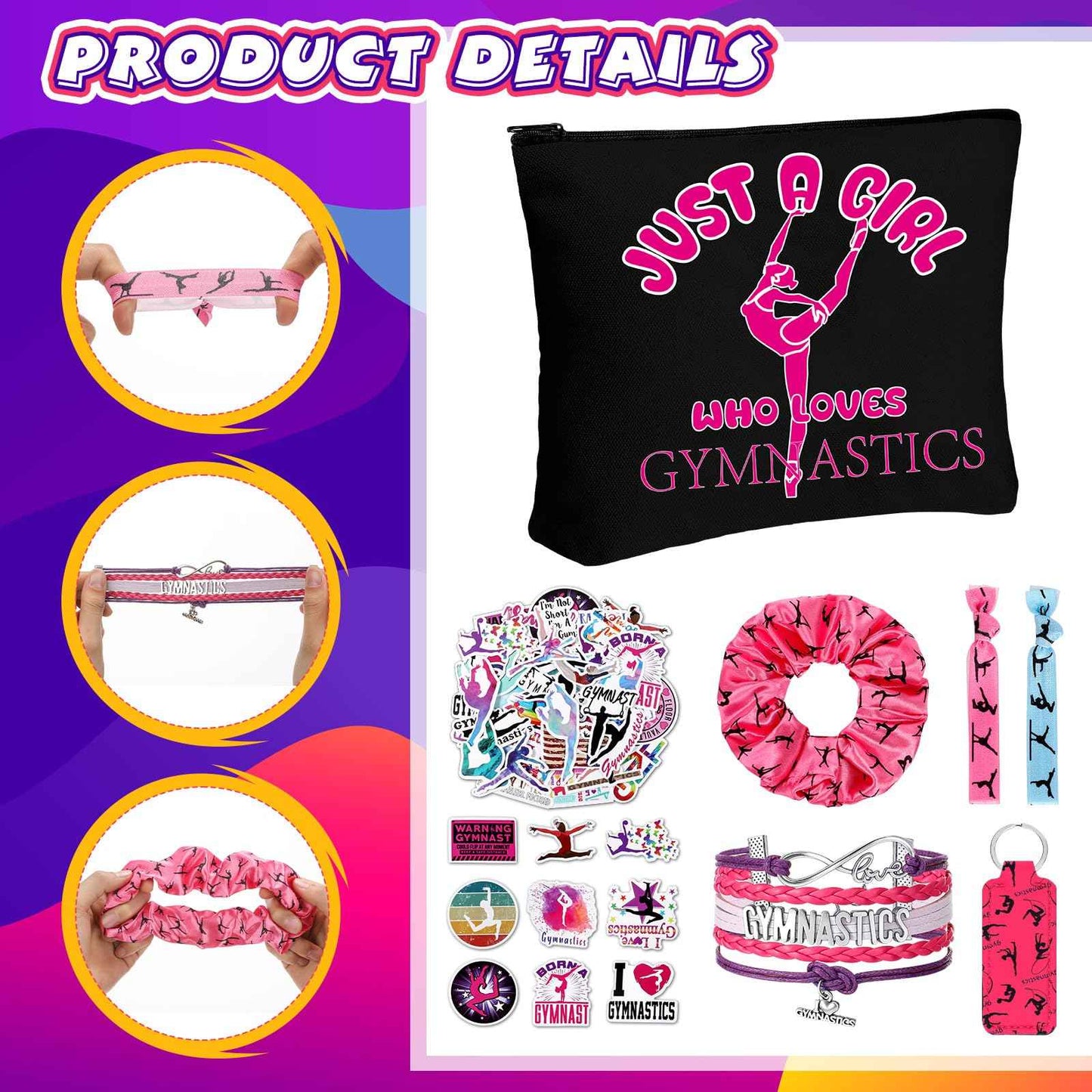 Seenelling 56 Pcs Gymnastics Stuff Inspirational Gifts for Players Teams Cosmetic Bag Women Hair Ties Sport Lovers Gifts for Birthday Sport Party Favors (Just a Girl)