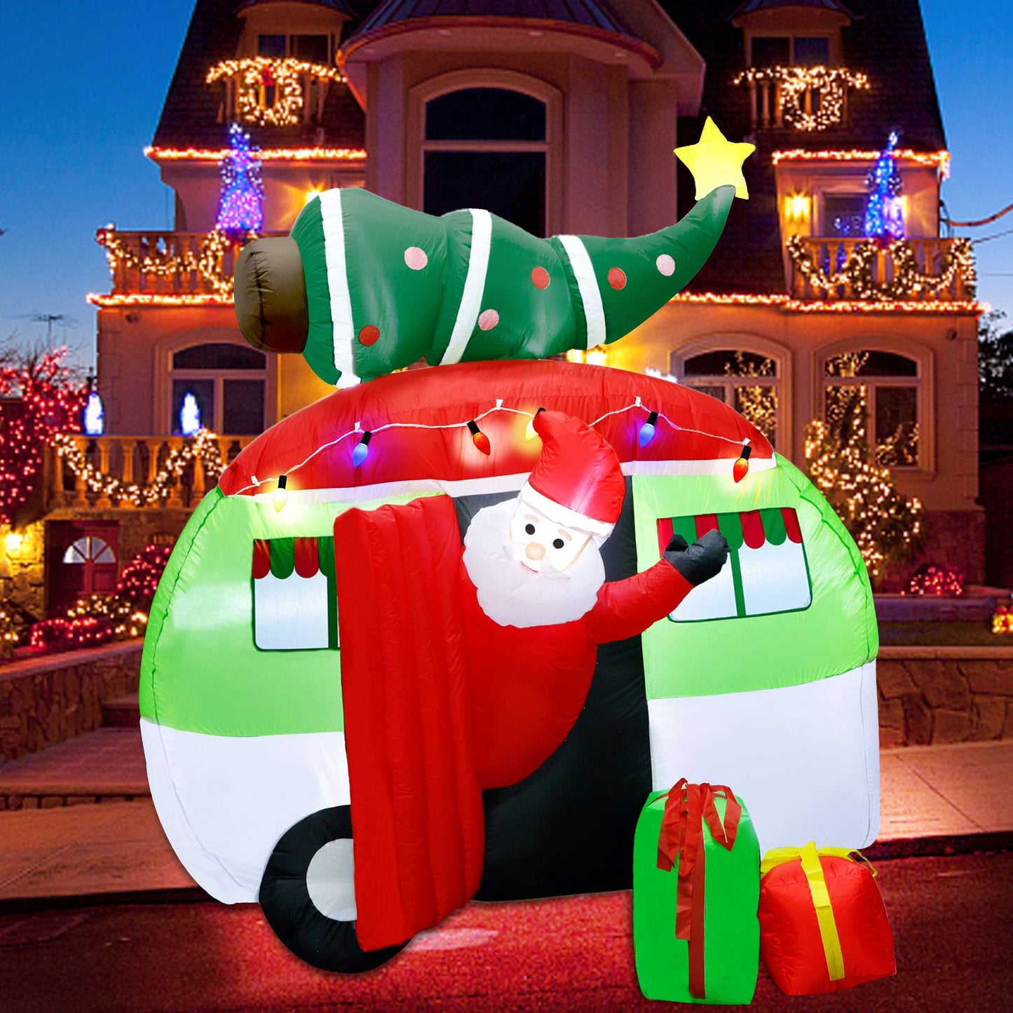 ATDAWN 7 ft Christmas Inflatable Santa Claus Driving a Car with Christmas Tree and Gift Boxes, Blow Up Lighted Yard Decoration, Inflatable Christmas Holiday Outdoor Lawn Yard Garden Decorations