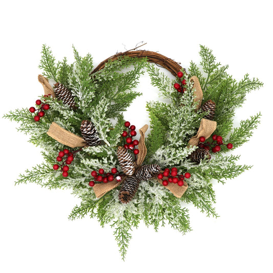 Christmas Artificial Wreath for Front Door, Outdoor Christmas Wreath Flocked with Mixed Decorations, Holiday Greenery Wreath with Pinecones, Red Berries, and Snowflake, 23 inches