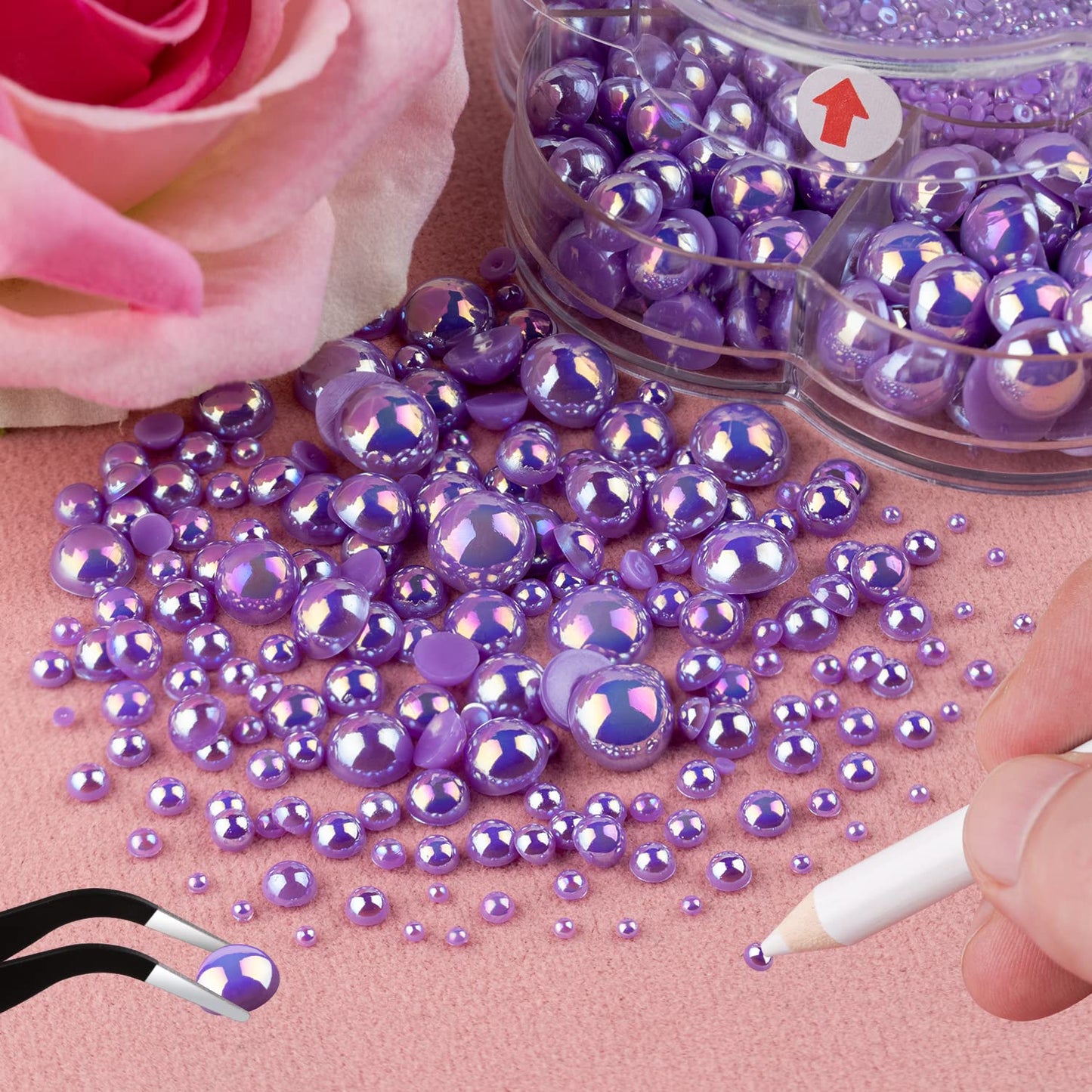 Nail Art Flat Back Half Round Pearl Kits 35, 1 Box of 6000 Pcs Flat-Back Violet AB with Tweezer and Picker Pencil for Home DIY Nails Body Face Craft and Salon Use