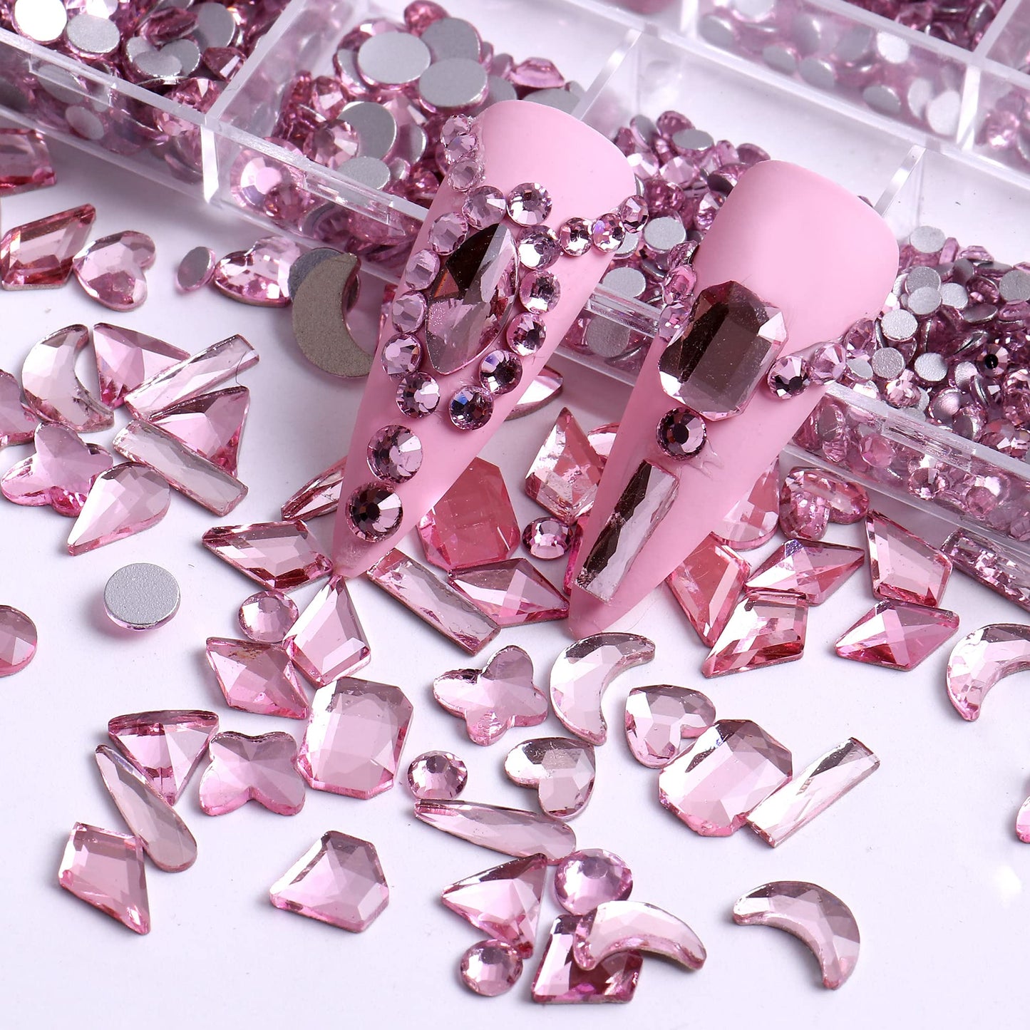 NAISKA 810PCS Pink Nail Arts Rhinestones 3D Crystal Rhinestone for Nails Flatback Diamond Rhinestones Beads Gems Decorations for Nail DIY Crafts Shoes Jewelry