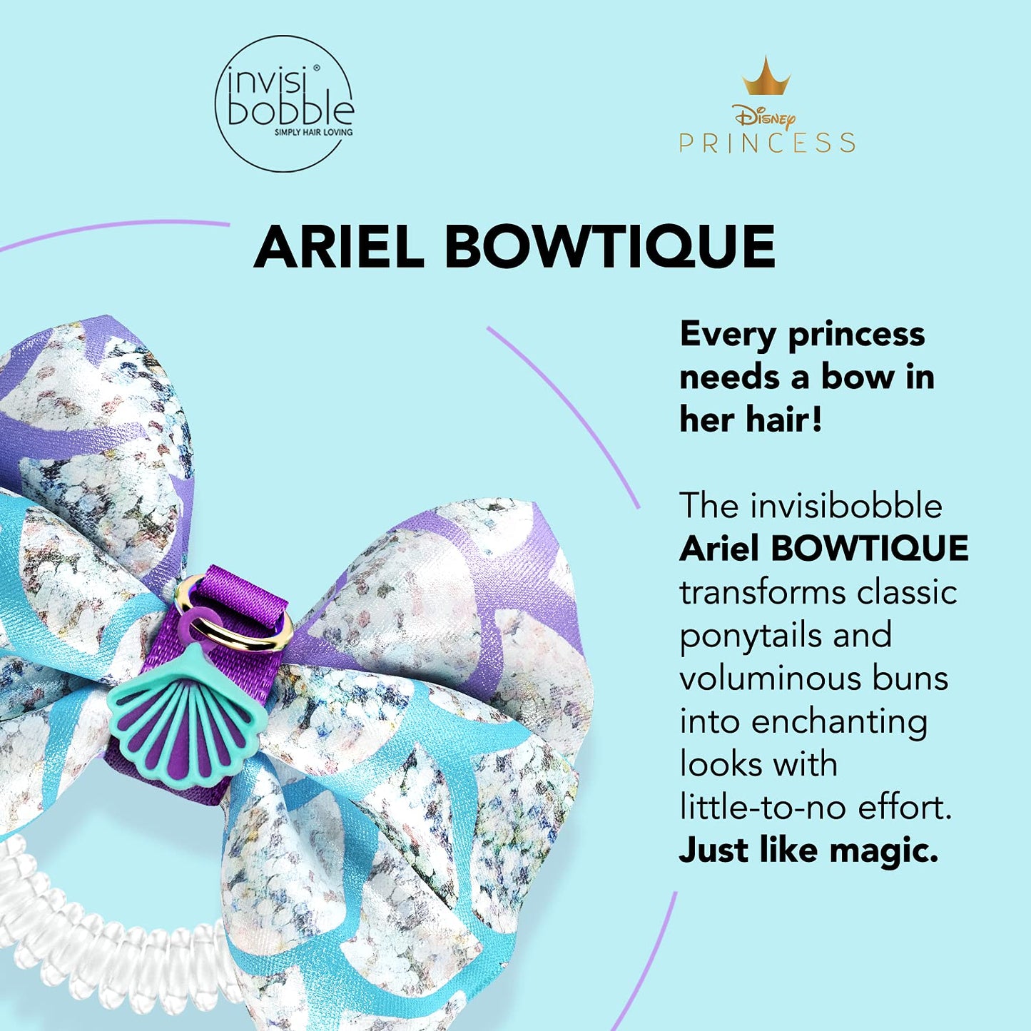 invisibobble Bowtique – Spiral Hair Ring with Bow – Disney Princess Ariel - Strong Elastic Grip Coil Accessories for Women - Gentle for Girls Teens and Thick Hair