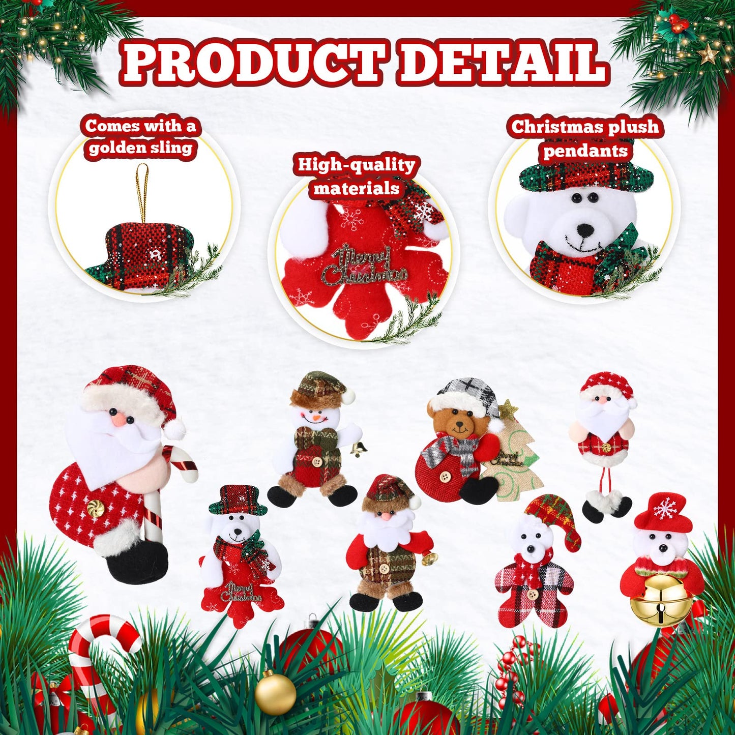 Jerify 32 Pcs Christmas Plush Ornaments Bulk Tree Decoration Mini Plush Small Santa Tree Xmas Party Favors