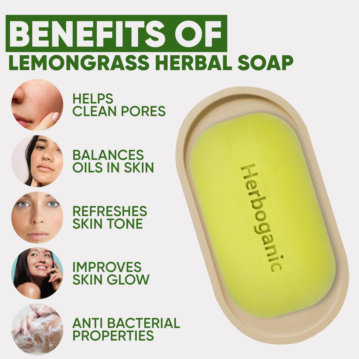 HERBOGANIC Lemongrass Herbal Soap | For Skin Moisturizing | Soft and Smooth Skin | Equally Effective for Men and Women | 5 Oz (Pack of 1)