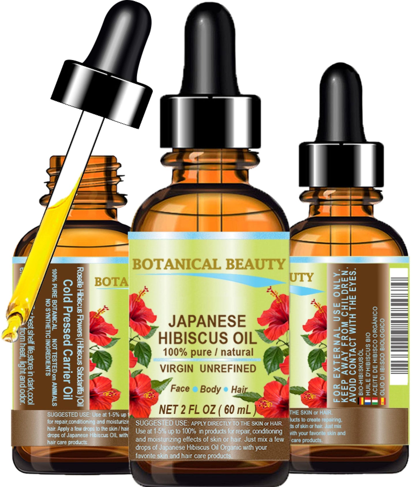 Botanical Beauty HIBISCUS OIL (Hibiscus Sabdariffa) JAPANESE 100 Pure Natural VIRGIN UNREFINED COLD PRESSED Anti Aging, Vitamin E oil for FACE, SKIN, HAIR GROWTH 2 Fl.oz.- 60 ml