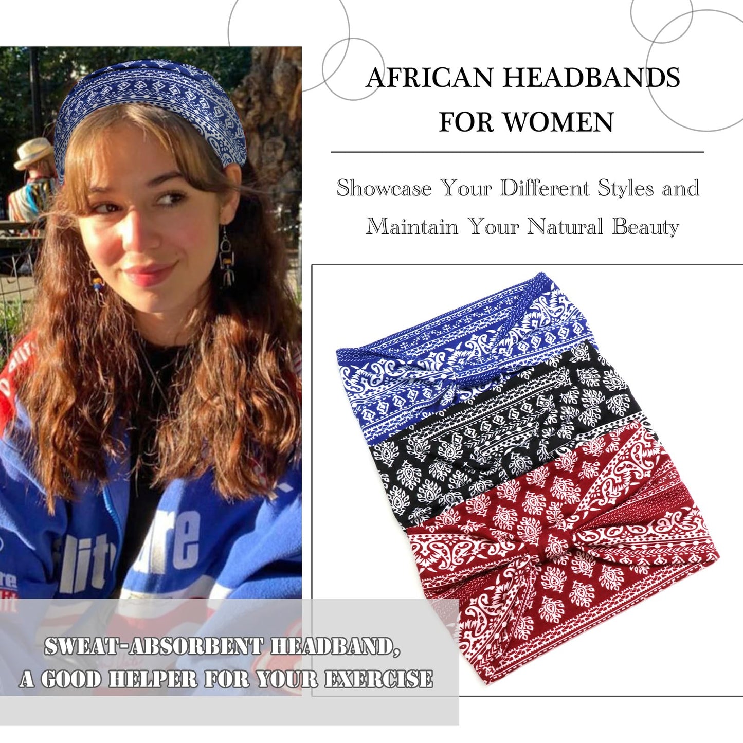 SAWINDA Wide Headbands for Women Boho Floral Print Twist Knot Womens Head Bands Elastic Non-Slip Hair Bands for Women's Hair African Style Daily Life Yoga Sports Cloth Hair Wraps 3 Pack