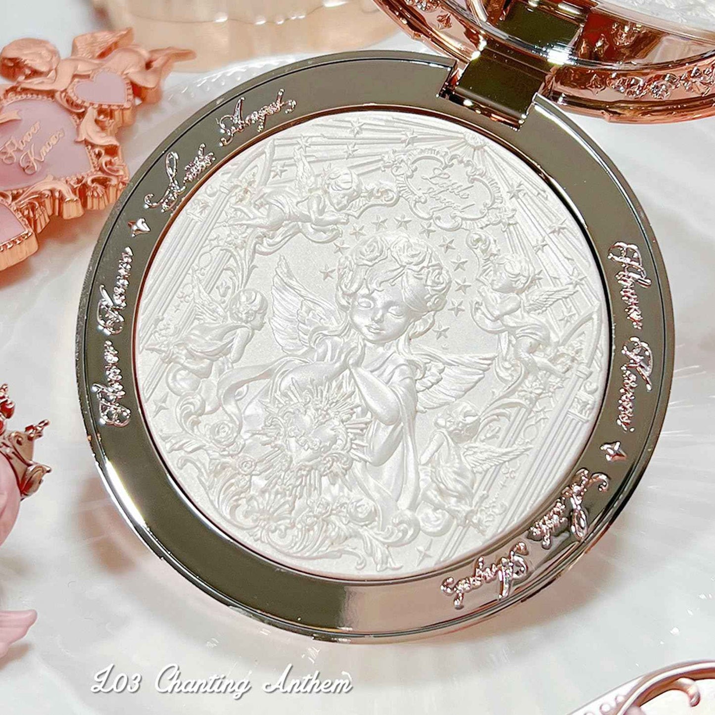 Flower Knows Little Angel Embossed Highlighter - Moonlight White Highlighter Powder,Long-Lasting Moonlight Glow,Creamy White&Subtle Warm Shimmer,Velvet & Weightless Finish(L03 Chanting Anthem)