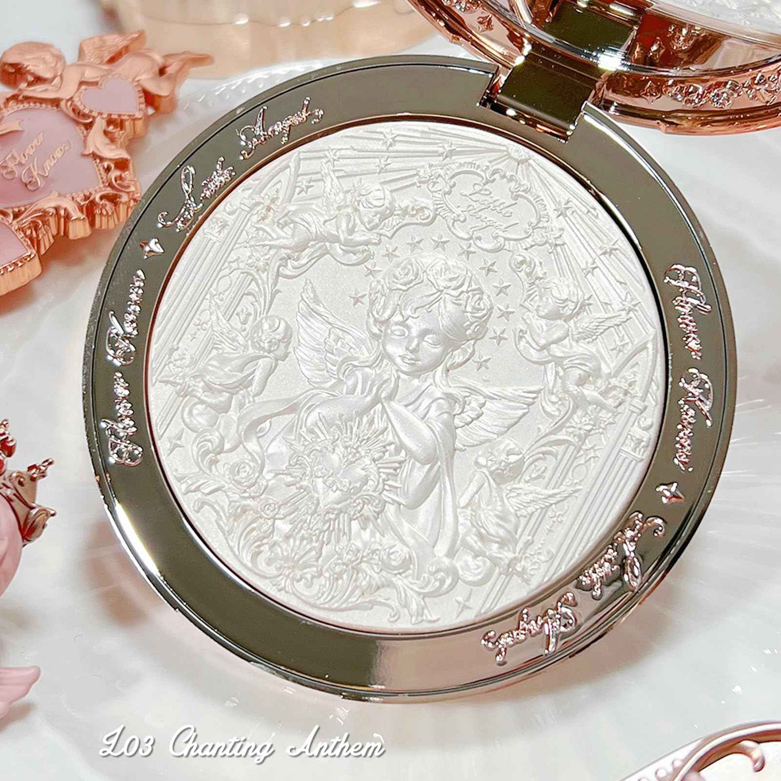 Flower Knows Little Angel Embossed Highlighter - Moonlight White Highlighter Powder,Long-Lasting Moonlight Glow,Creamy White&Subtle Warm Shimmer,Velvet & Weightless Finish(L03 Chanting Anthem)