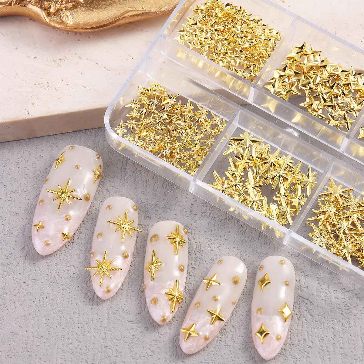 Fspronail Star Nail Charms, 2 Boxes Gold Nail Charms Twinkle Stars Cross Metal Charms for Nails Design Studs Rivets Mix Size Gold Caviar Nail Beads Y2K Decoration for Acrylic Nails