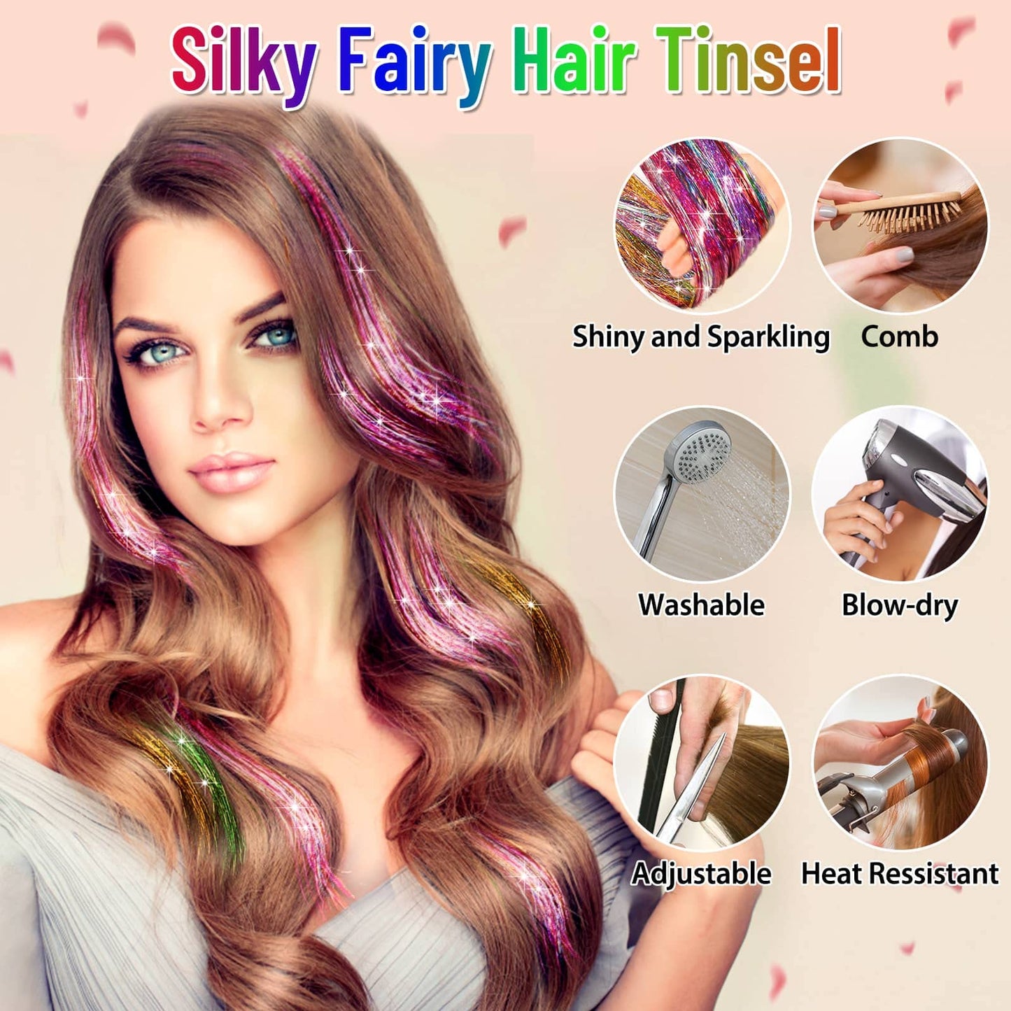 Hair Tinsel Kit (48 Inch, 16 Colors, 3200 Strands), Glitter Sparkling Tinsel Hair Extensions with Tools, Heat Resistant Fairy Hair Tinsel Kit for Women Girls Cosplay Party Festival Hair Accessories