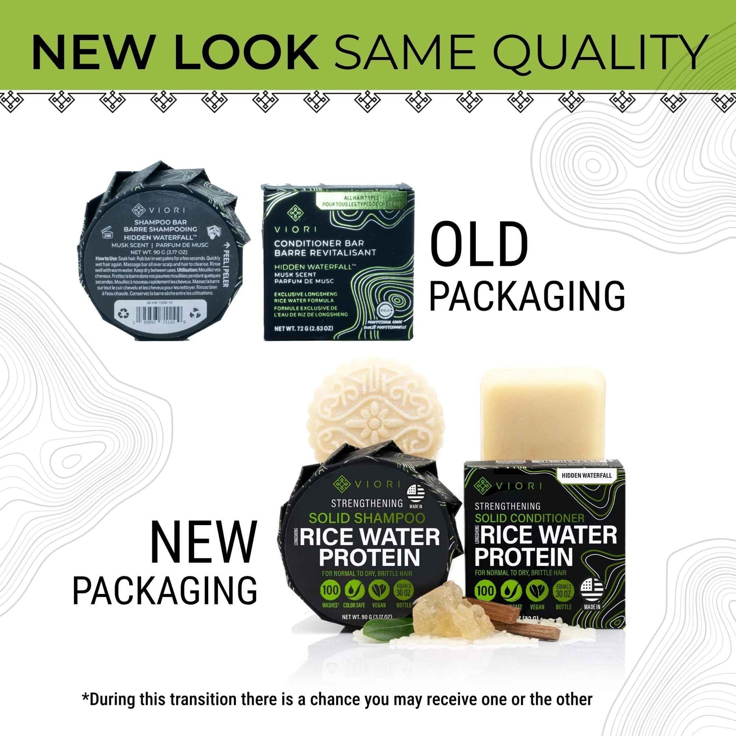 Viori Hidden Waterfall Shampoo and Conditioner Bar Set and Bamboo Holder - Made with Rice Water for Hair Growth - Handcrafted Sulfate Free Shampoo and Conditioner