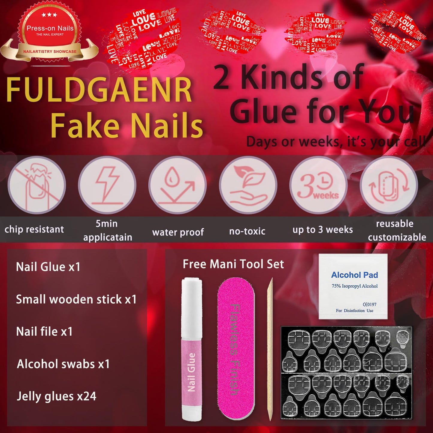 Heart Nails Press on Nails Long Coffin Fake Nails with Valentines Day Designs Angel Wings Rhinestones Pink Full Cover Acrylic Black False Nails Square Medium Glue on Nails for Women and Girls 24Pcs